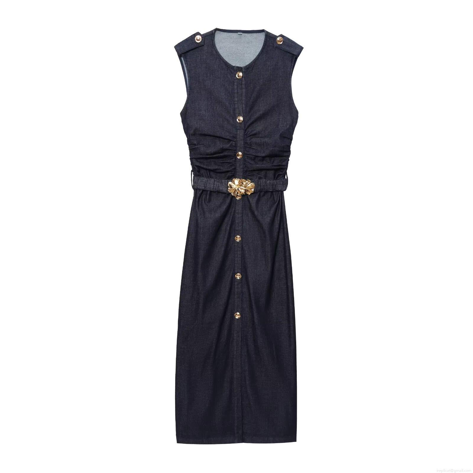 Women's Dark Blue Sleeveless Denim Cotton Polyester Dress Elegant Pleated Midi Dress With Gold Flower Buckle Belt And Buttons Slim Fit Evening Party Outfit Women's Dark Blue Sleeveless Denim Cotton Polyester Dress Elegant Pleated Midi Dress With Gold Flower Buckle Belt And Buttons Slim Fit Evening Party Outfit