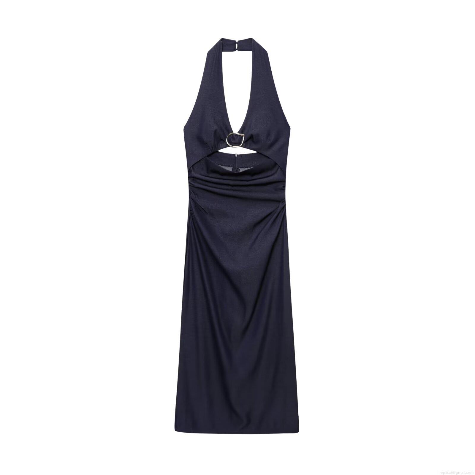 Women's Sexy Backless Halter Midi Dress Elegant Hollow Out Metal Ring Decor Solid Color Polyester Party Club Bodycon Dress With Denim Texture Women's Sexy Backless Halter Midi Dress Elegant Hollow Out Metal Ring Decor Solid Color Polyester Party Club Bodycon Dress With Denim Texture