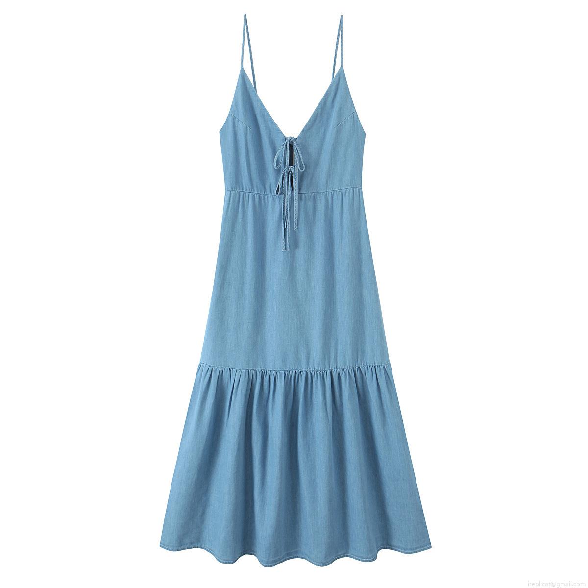 Women's V-Neck Cami Midi Dress Polyester Faux Denim Bow-Tie Tiered Ruffle Open Back Elegant Party Dress For Vacation Women Summer Chic Clothing Women's V-Neck Cami Midi Dress Polyester Faux Denim Bow-Tie Tiered Ruffle Open Back Elegant Party Dress For Vacation Women Summer Chic Clothing