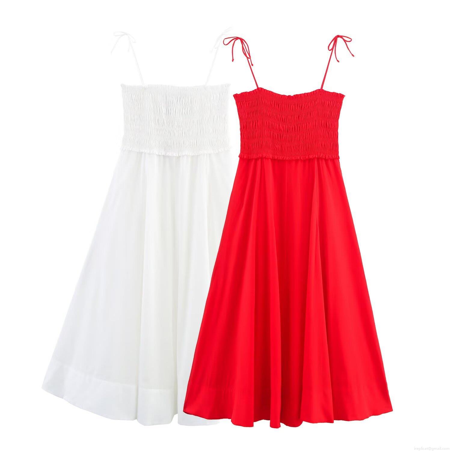 Women's Elegant Smocked Poplin Midi Dress Sexy V-Neck Bow Spaghetti Strap A-Line Sundress Solid Color Sleeveless Summer Party Dress For Women Women's Elegant Smocked Poplin Midi Dress Sexy V-Neck Bow Spaghetti Strap A-Line Sundress Solid Color Sleeveless Summer Party Dress For Women