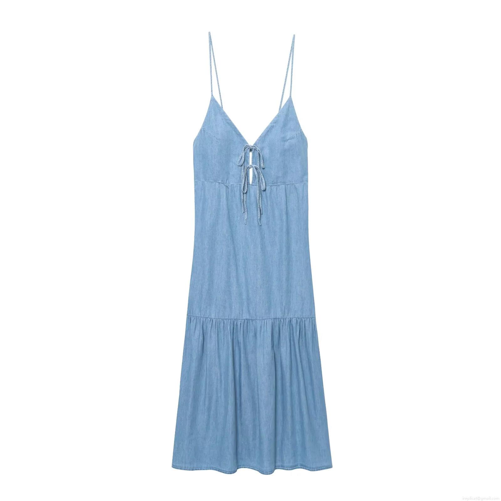Women's Light Blue Denim V-Neck Cami Midi Dress With Bow Tie Backless Tiered Hem Vacation Style Summer Elegant Long Dress Women's Light Blue Denim V-Neck Cami Midi Dress With Bow Tie Backless Tiered Hem Vacation Style Summer Elegant Long Dress