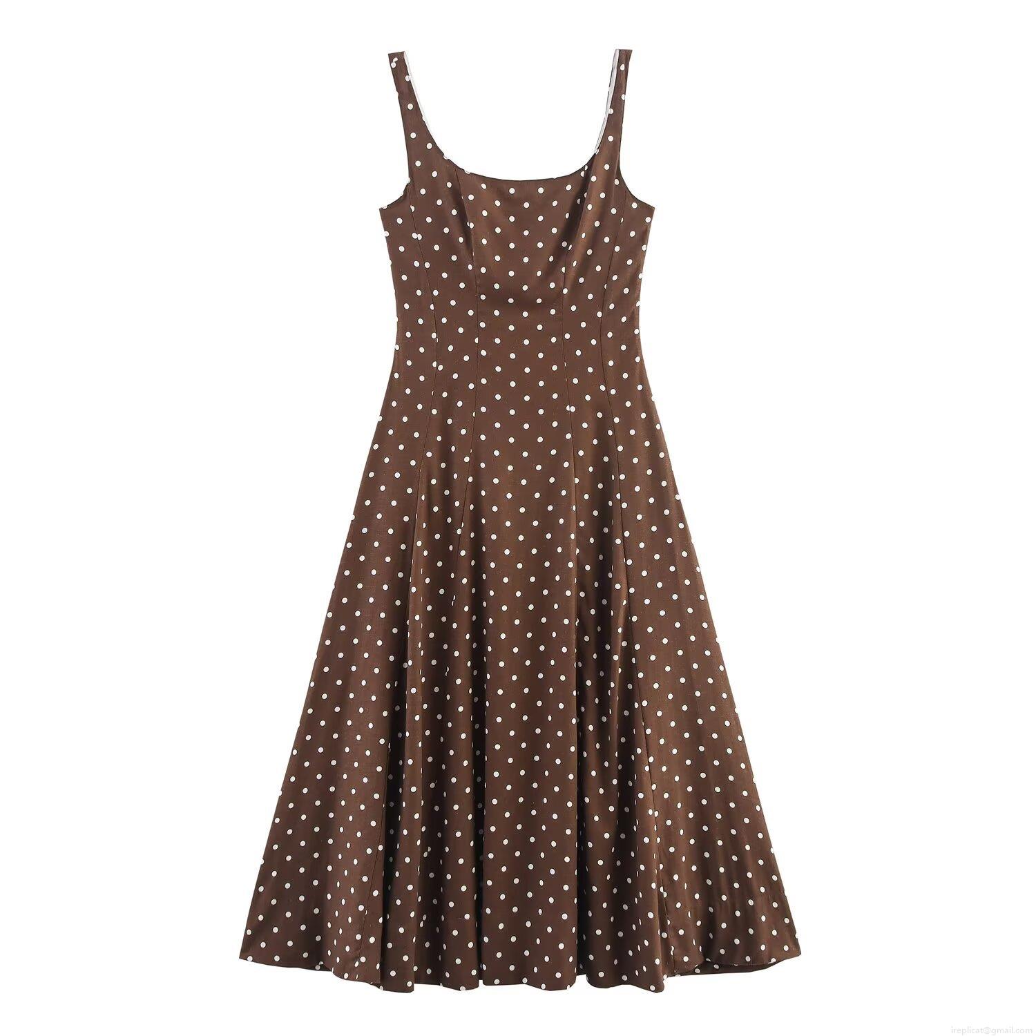 Women's Polka Dot Midi Dress Spaghetti Strap Sleeveless A-Line Summer Vacation Vintage Elegant Brown White Dot Cami Dress For Women Women's Polka Dot Midi Dress Spaghetti Strap Sleeveless A-Line Summer Vacation Vintage Elegant Brown White Dot Cami Dress For Women