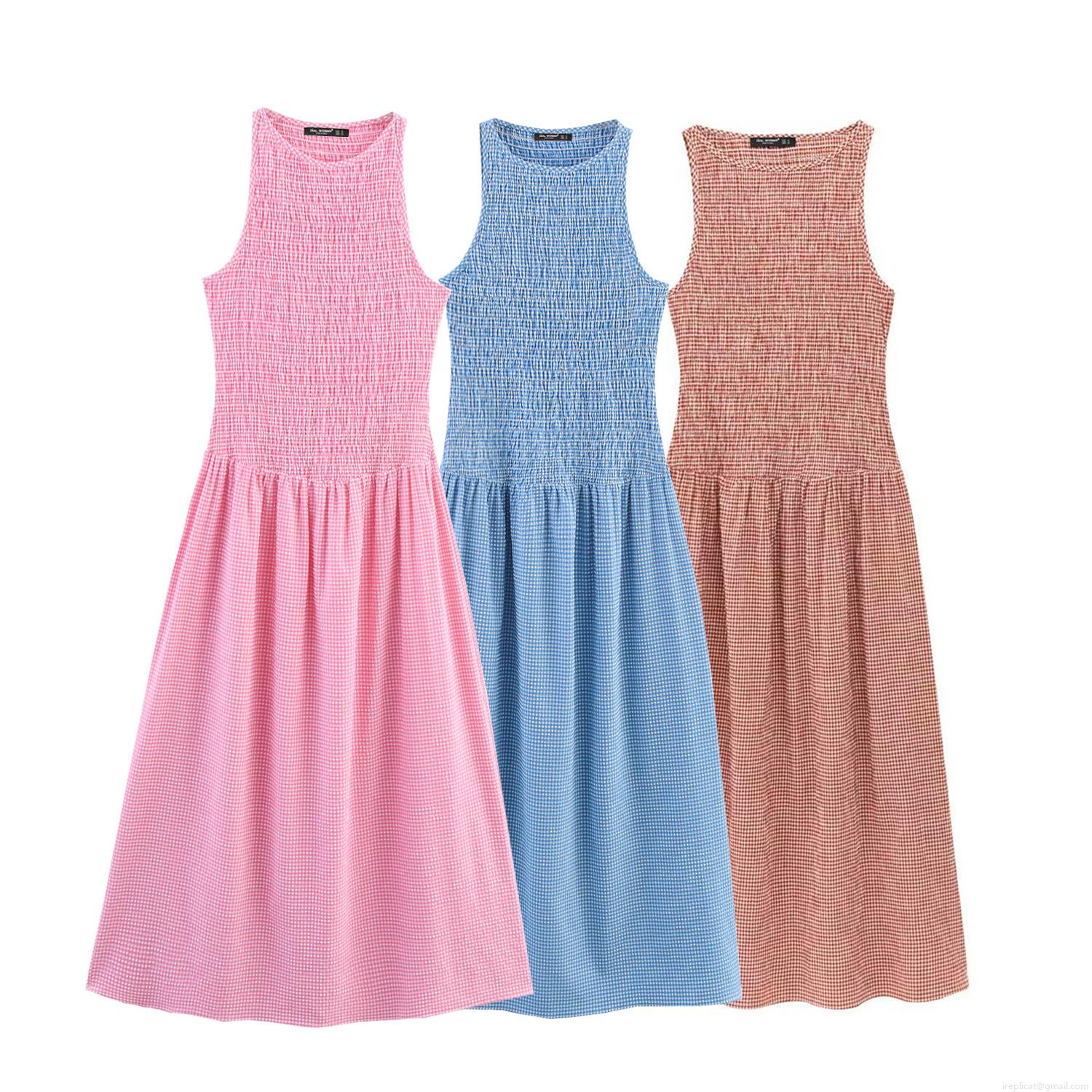 Women's Elegant Sleeveless Gingham Midi Dress Smocked Bodice Round Neck A-Line Plaid Long Dress Summer Vacation Party Beachwear Women's Elegant Sleeveless Gingham Midi Dress Smocked Bodice Round Neck A-Line Plaid Long Dress Summer Vacation Party Beachwear