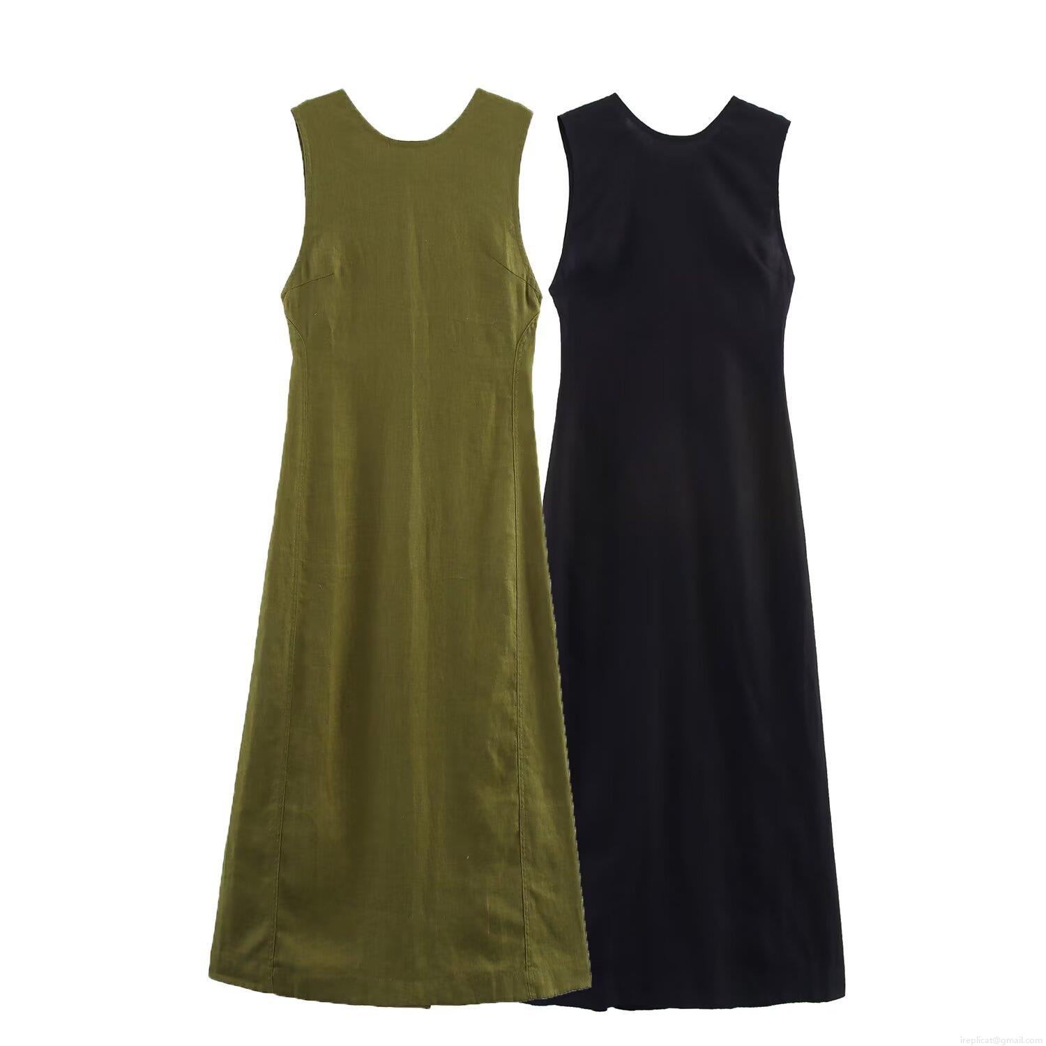 Women's Elegant Linen Blend Midi Dress Sexy V-Neck Sleeveless Backless Solid Color Summer Vacation Sundress For Women Women's Elegant Linen Blend Midi Dress Sexy V-Neck Sleeveless Backless Solid Color Summer Vacation Sundress For Women