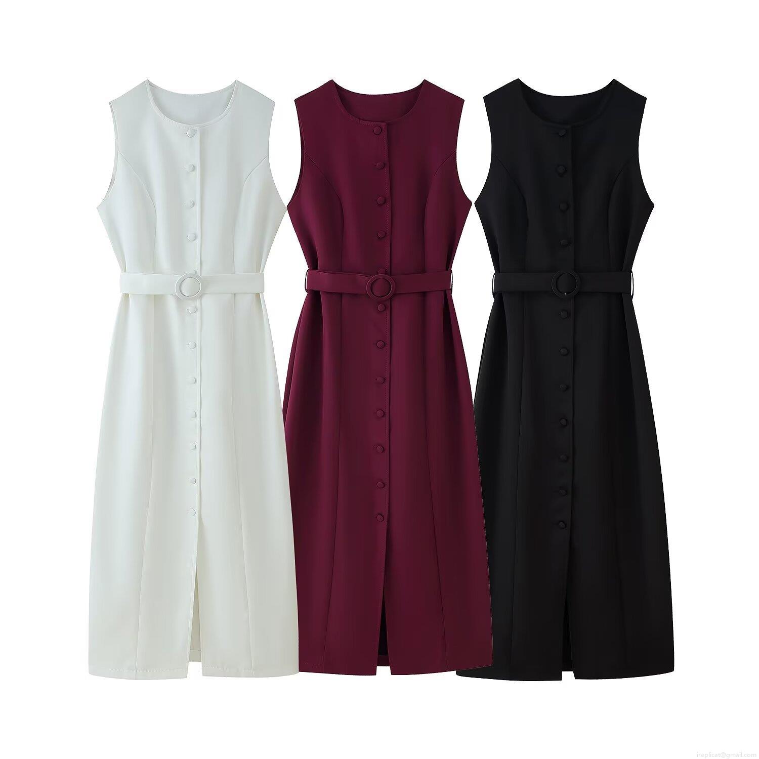 Women Elegant Sleeveless Round Neck Single Breasted Dress With Belt Solid Color Polyester Midi Dress For Office Party Commute Ladies Slim Fit Dress Women Elegant Sleeveless Round Neck Single Breasted Dress With Belt Solid Color Polyester Midi Dress For Office Party Commute Ladies Slim Fit Dress