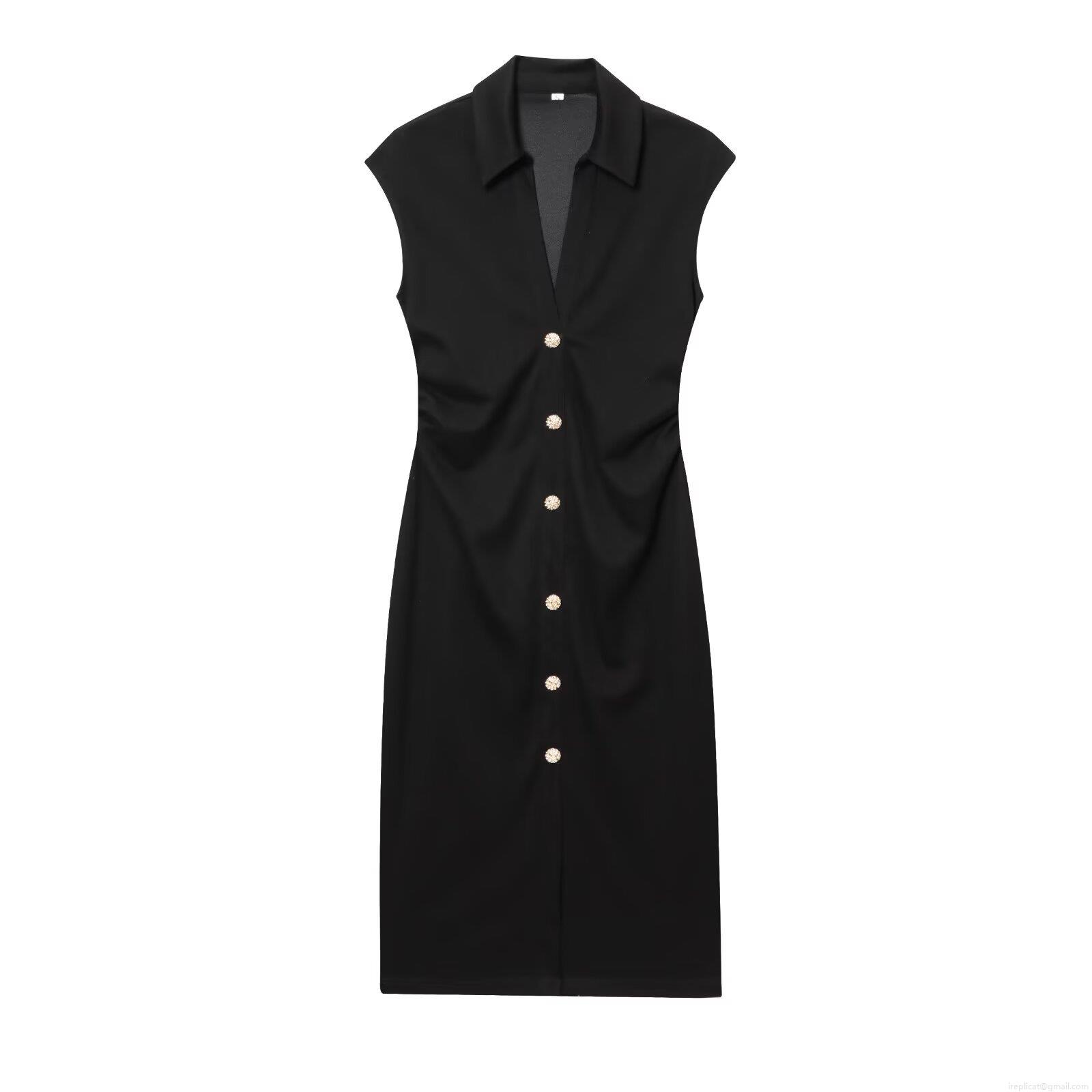 Women Elegant Sleeveless V Neck Polo Shirt Dress Solid Color Pique Fabric Midi Dress With Gold Buttons Side Pleats For Summer Office Casual Lady