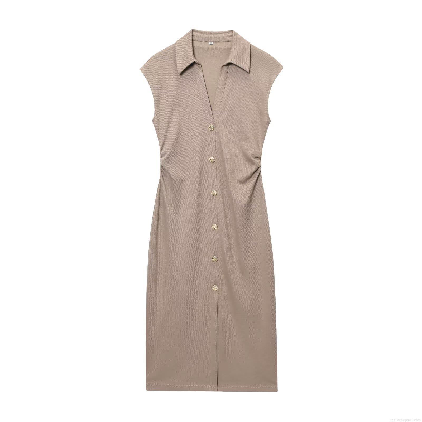 Women Elegant Sleeveless V Neck Polo Shirt Dress Solid Color Pique Fabric Midi Dress With Gold Buttons Side Pleats For Summer Office Casual Lady