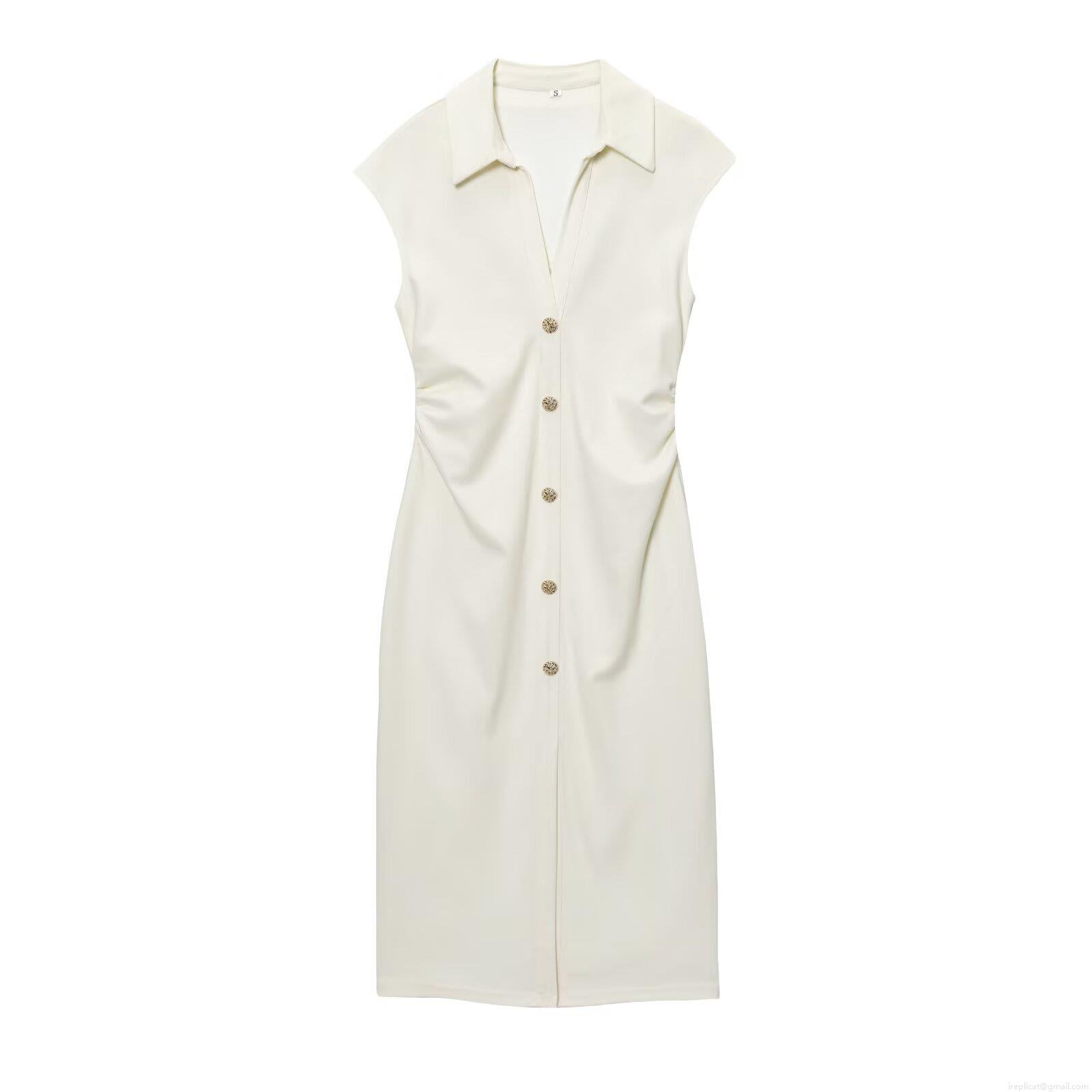 Women Elegant Sleeveless V Neck Polo Shirt Dress Solid Color Pique Fabric Midi Dress With Gold Buttons Side Pleats For Summer Office Casual Lady