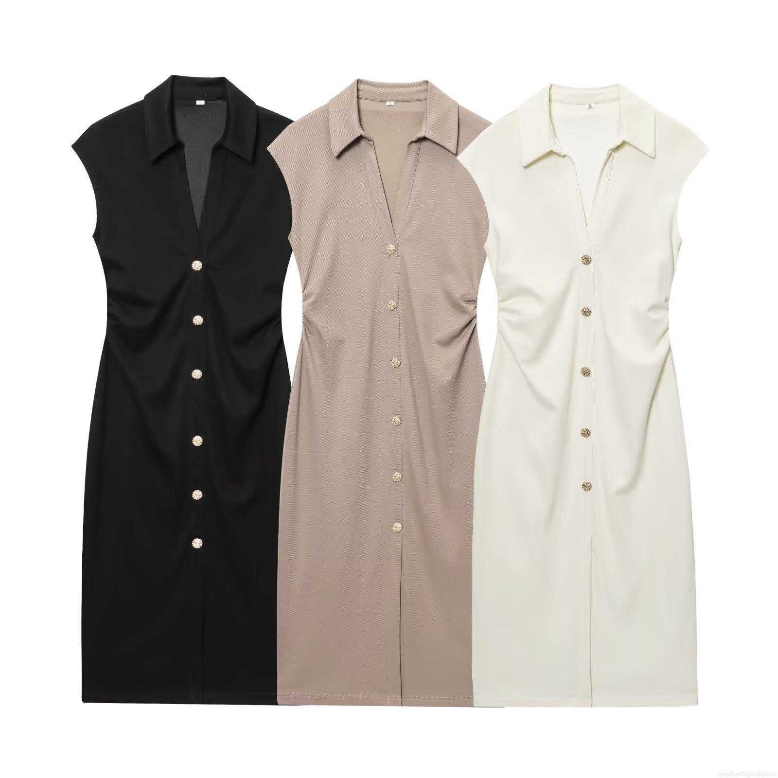 Women Elegant Sleeveless V Neck Polo Shirt Dress Solid Color Pique Fabric Midi Dress With Gold Buttons Side Pleats For Summer Office Casual Lady