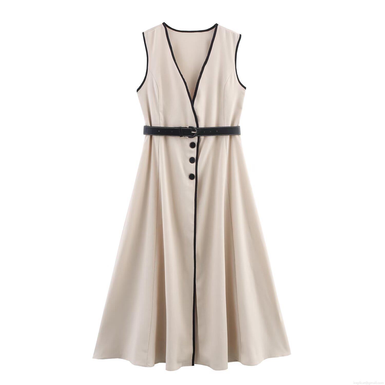 Women's Elegant V Neck Sleeveless Midi Dress Linen Blend Contrast Trim Belted A-Line Summer Party Dress For Ladies Fashion Streetwear Women's Elegant V Neck Sleeveless Midi Dress Linen Blend Contrast Trim Belted A-Line Summer Party Dress For Ladies Fashion Streetwear