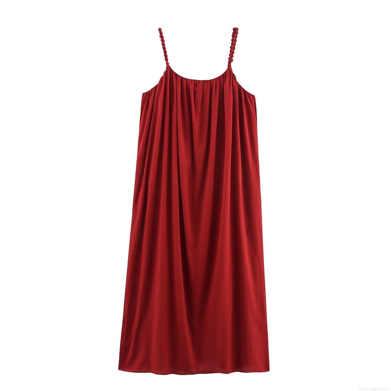 Women's Elegant Red Beaded Strap Dress Pleated Neckline Loose Midi Dress For Party Socialite Banquet Evening Dress High Quality Polyester Fabric Summer Vacation Outfit Women's Elegant Red Beaded Strap Dress Pleated Neckline Loose Midi Dress For Party Socialite Banquet Evening Dress High Quality Polyester Fabric Summer Vacation Outfit