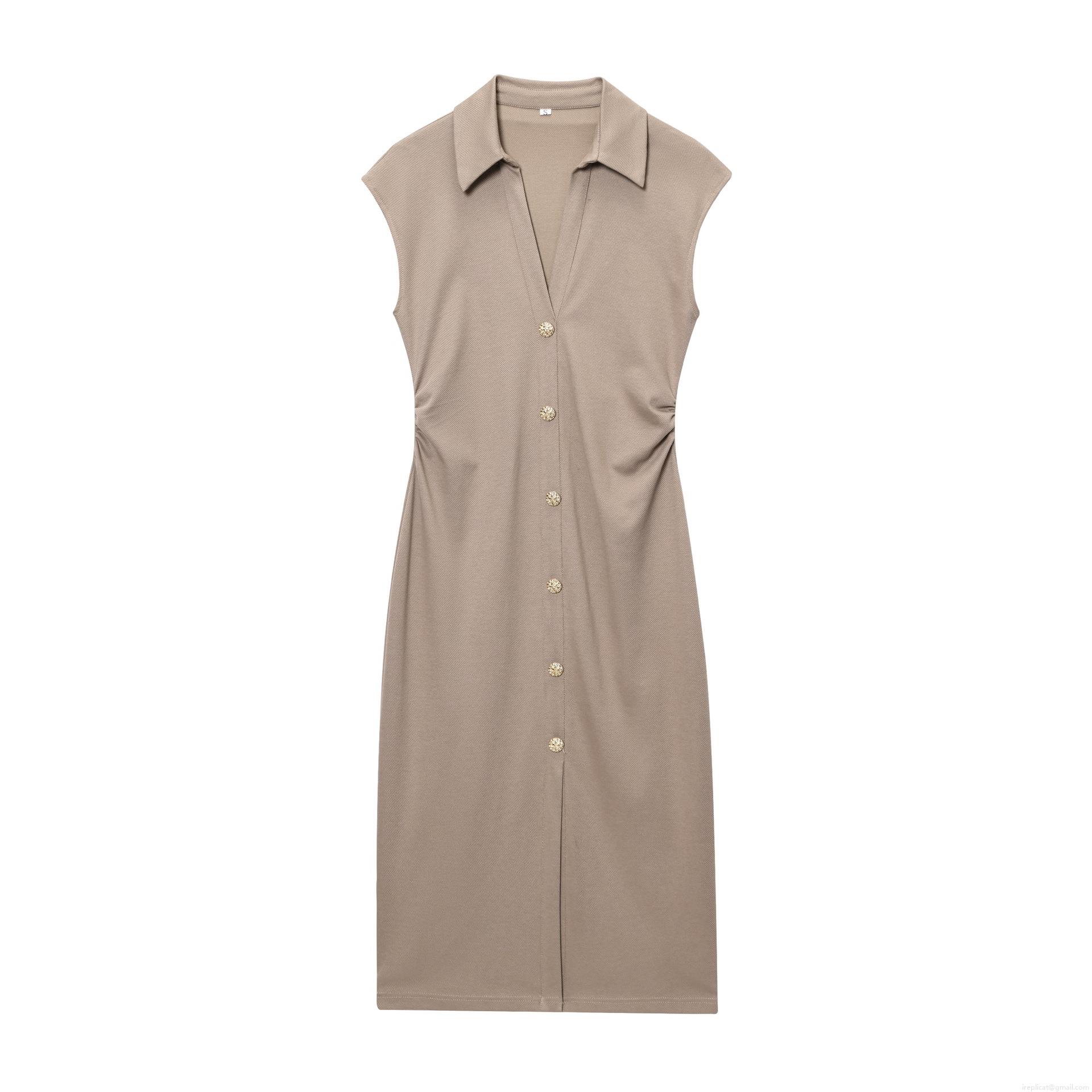Women\'s Sleeveless Pique Knit Midi Dress Elegant V Neck Turn-Down Collar Side Ruching Slim Fit Bodycon Dress With Gold Buttons For Office Party Daily Casual Ladies