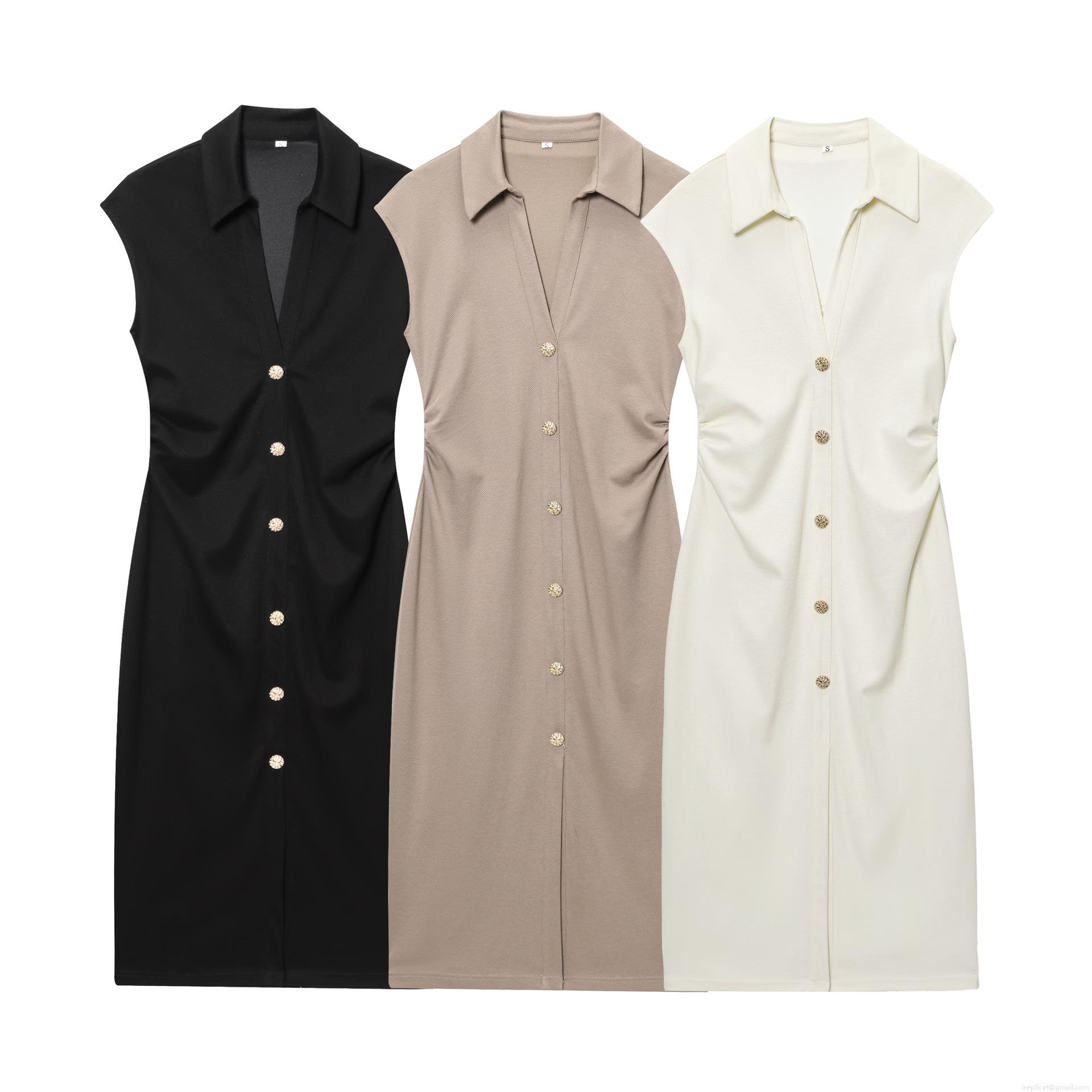 Women\'s Sleeveless Pique Knit Midi Dress Elegant V Neck Turn-Down Collar Side Ruching Slim Fit Bodycon Dress With Gold Buttons For Office Party Daily Casual Ladies