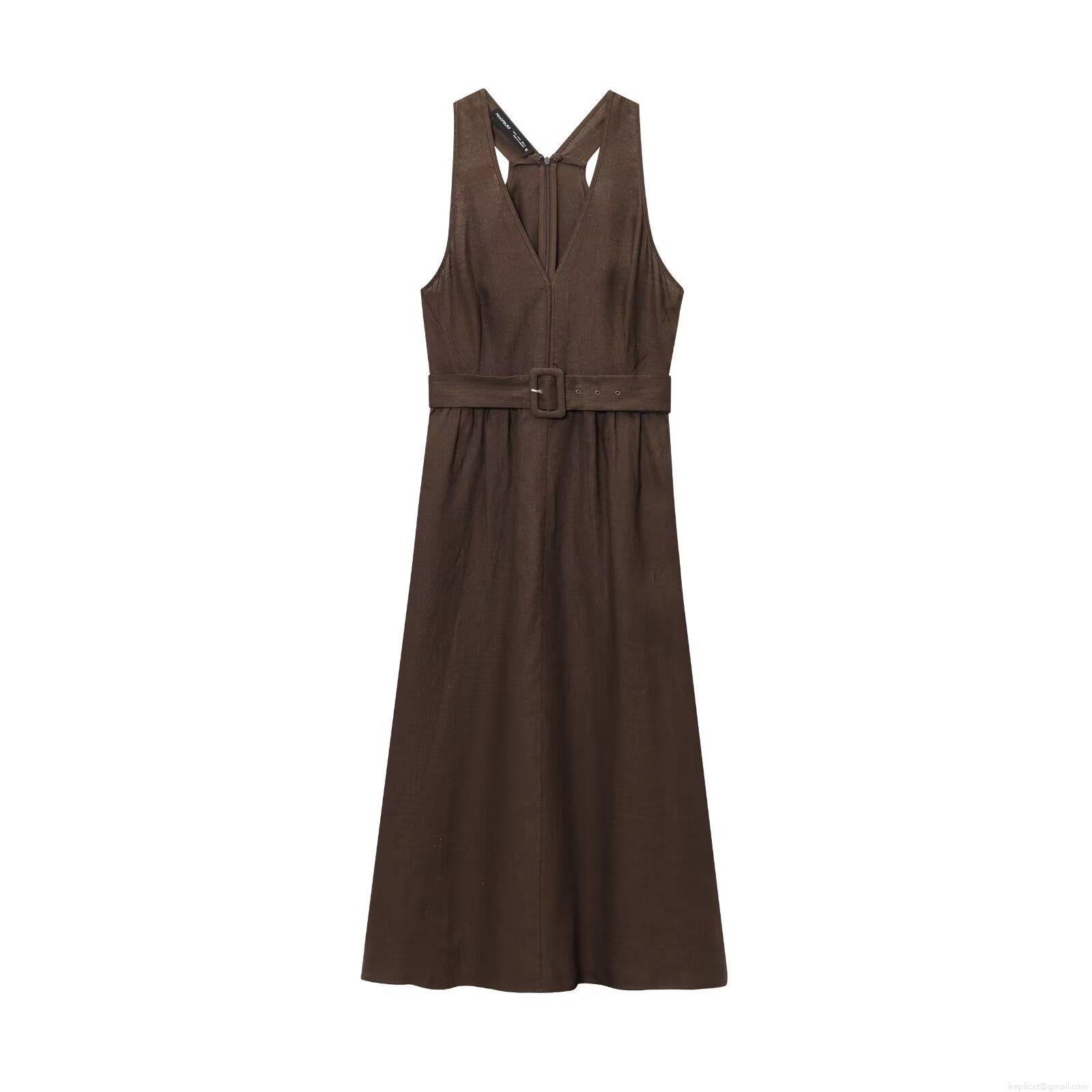 Women's Elegant V-Neck Sleeveless A-Line Midi Dress With Belt Linen Cotton Blend Solid Color Coffee Brown Party Sundress For Women Women's Elegant V-Neck Sleeveless A-Line Midi Dress With Belt Linen Cotton Blend Solid Color Coffee Brown Party Sundress For Women
