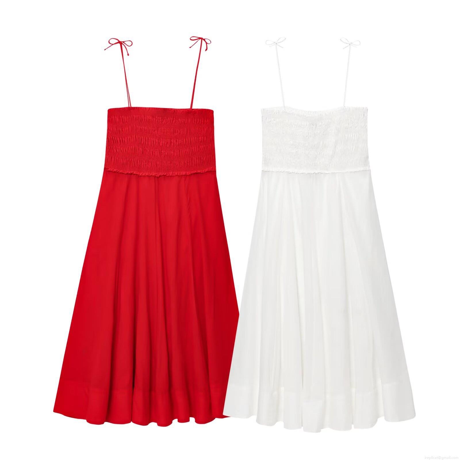 Women's Elegant Cotton Smocked Midi Dress With Bow Spaghetti Straps Solid Color A-Line Pleated Summer Vacation Sleeveless Party Dress Women's Elegant Cotton Smocked Midi Dress With Bow Spaghetti Straps Solid Color A-Line Pleated Summer Vacation Sleeveless Party Dress