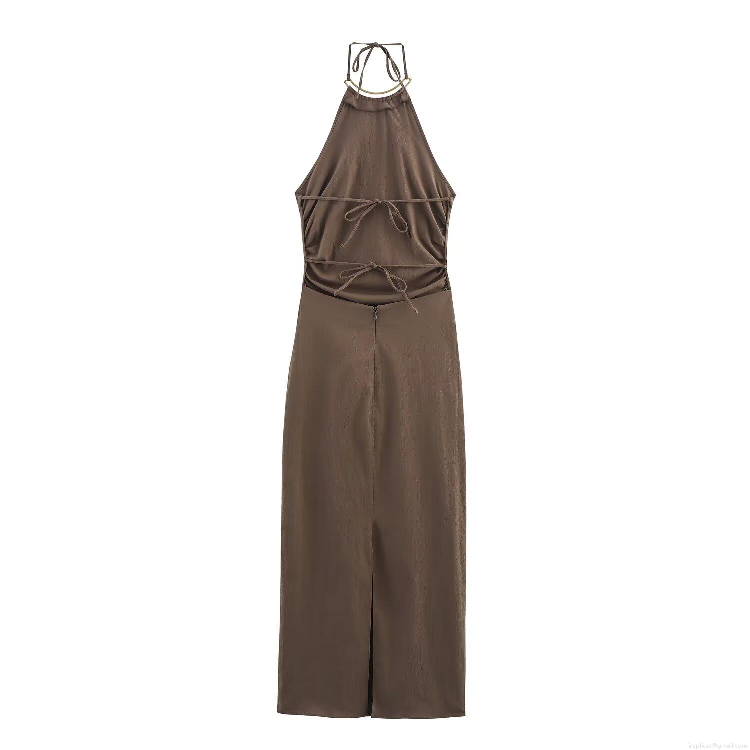 Women\'s Elegant Halter Neck Midi Dress Solid Color Sleeveless Backless Bodycon Dress with Metal Ring Decoration Ruched High Waist Summer Party Dress