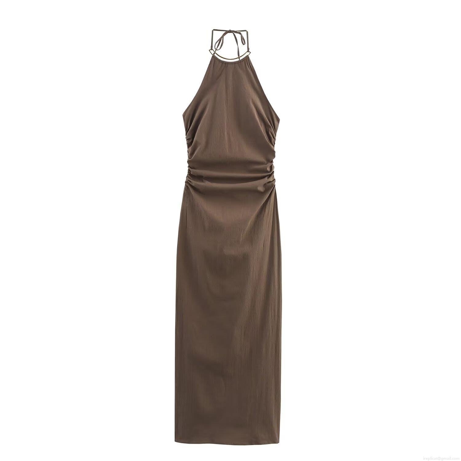 Women\'s Elegant Halter Neck Midi Dress Solid Color Sleeveless Backless Bodycon Dress with Metal Ring Decoration Ruched High Waist Summer Party Dress