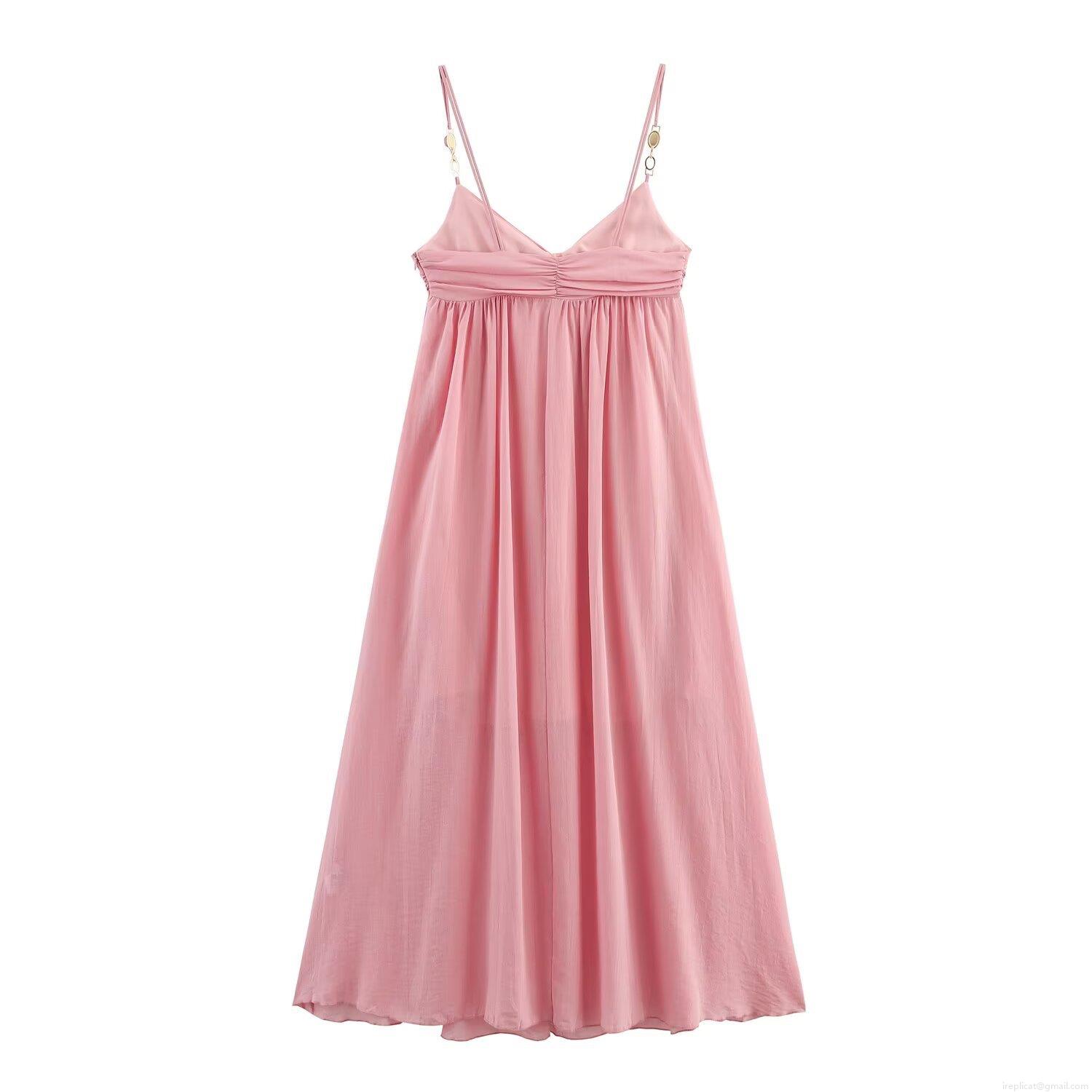 Women Elegant Spaghetti Strap Midi Dress Sexy V Neck Ruched Bodycon Party Evening Pink Long Sundress Casual Summer Clubwear Sleeveless Dress