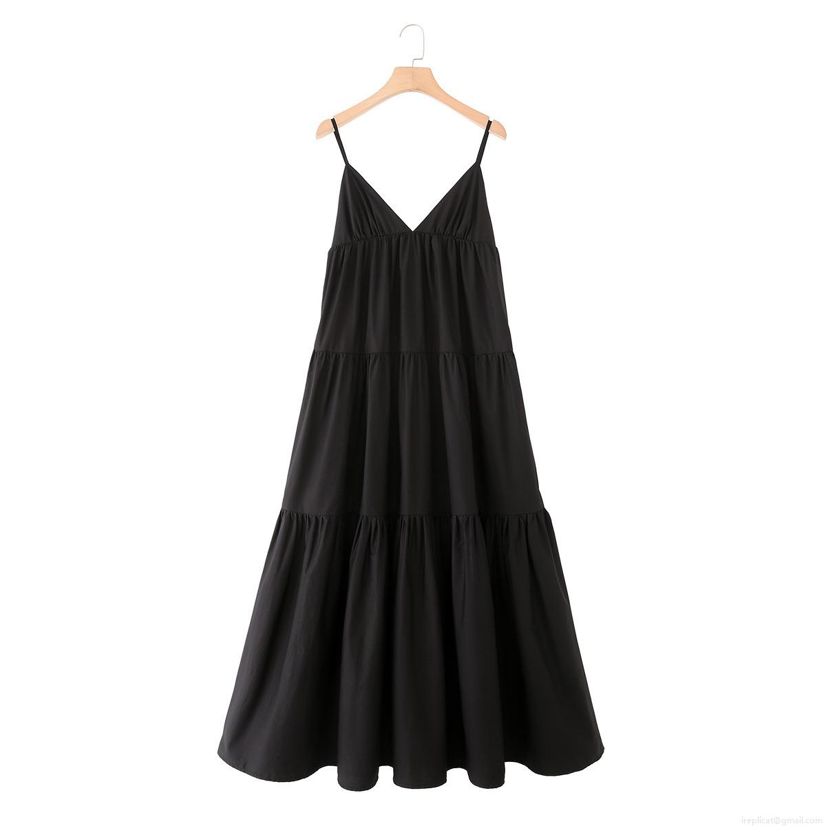 Women's Elegant 100% Cotton V Neck Spaghetti Strap Tiered Midi Dress Solid Black Sleeveless Multi Layer Cake Skirt Sun Dress for Vacation Party Summer
