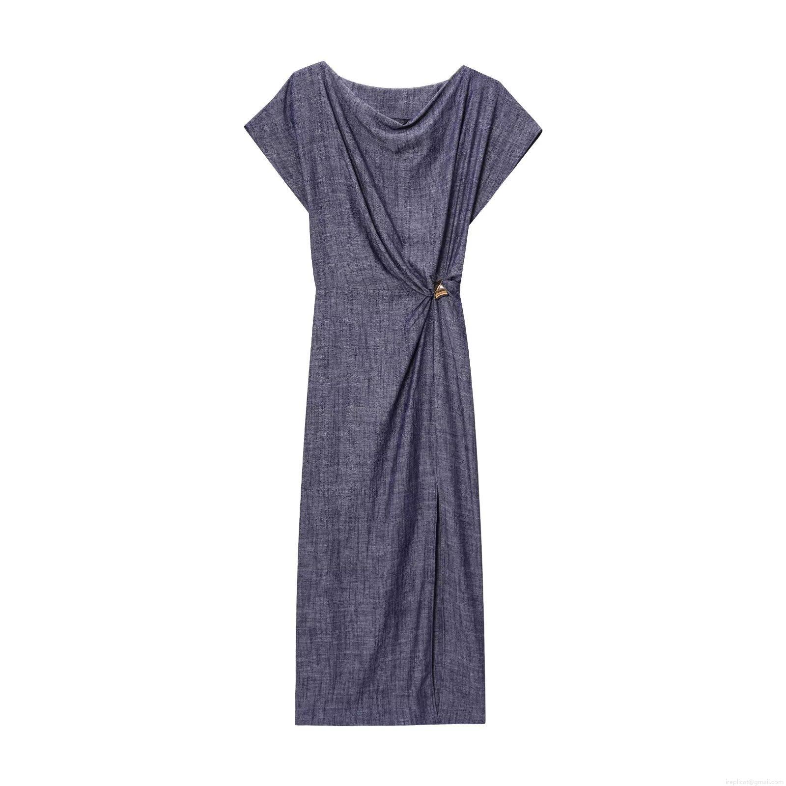 Women's Elegant Cowl Neck Midi Dress Sleeveless Textured Polyester Slit Hem Party Dress With Gold Triangle Buckle Decor Bodycon Evening Dress For Ladies Women's Elegant Cowl Neck Midi Dress Sleeveless Textured Polyester Slit Hem Party Dress With Gold Triangle Buckle Decor Bodycon Evening Dress For Ladies