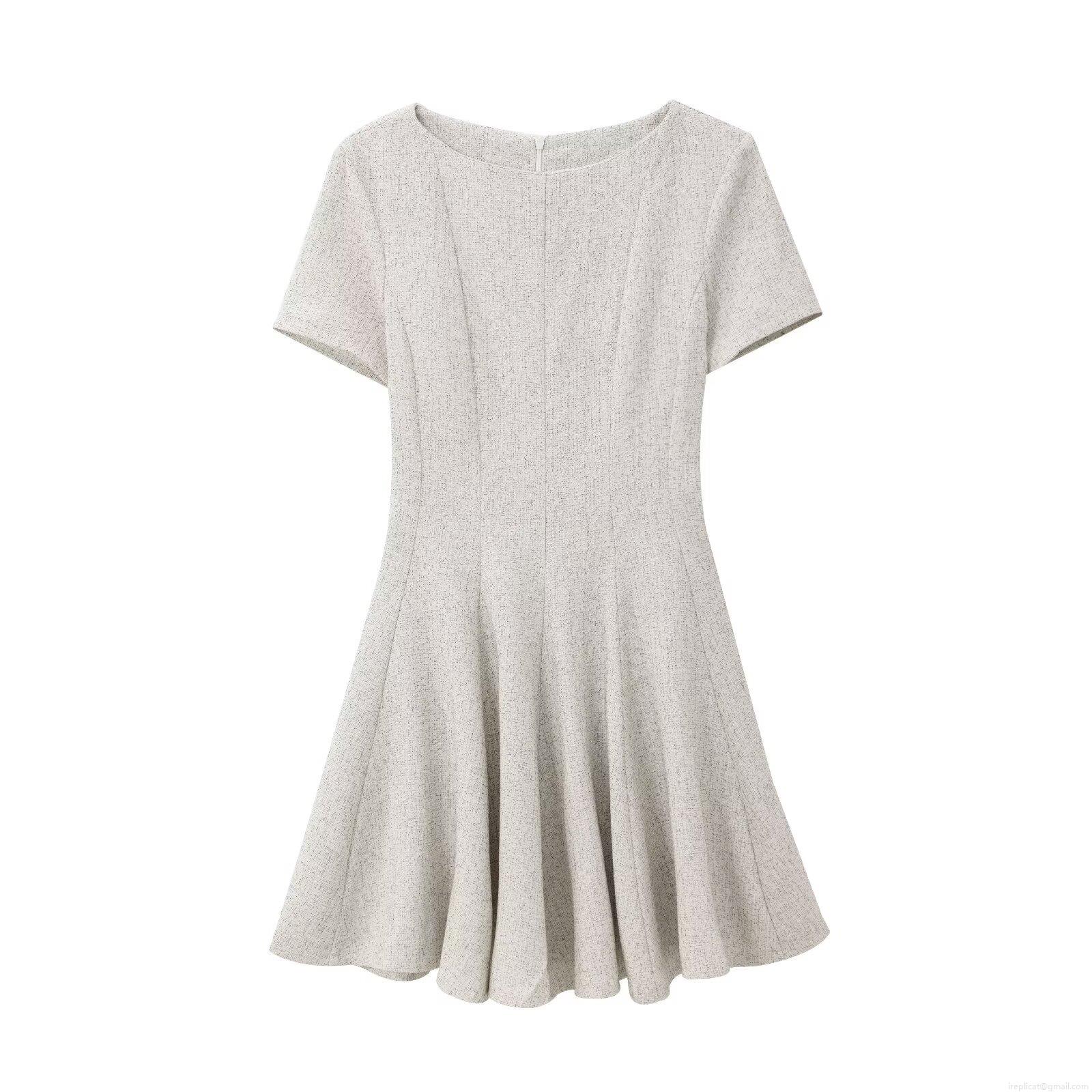 Women's Short Sleeve Tweed Textured Dress Elegant Round Neck Slim Fit A-Line Wide Hem Midi Dress Beige Socialite Style Summer Spring Outfit Women's Short Sleeve Tweed Textured Dress Elegant Round Neck Slim Fit A-Line Wide Hem Midi Dress Beige Socialite Style Summer Spring Outfit