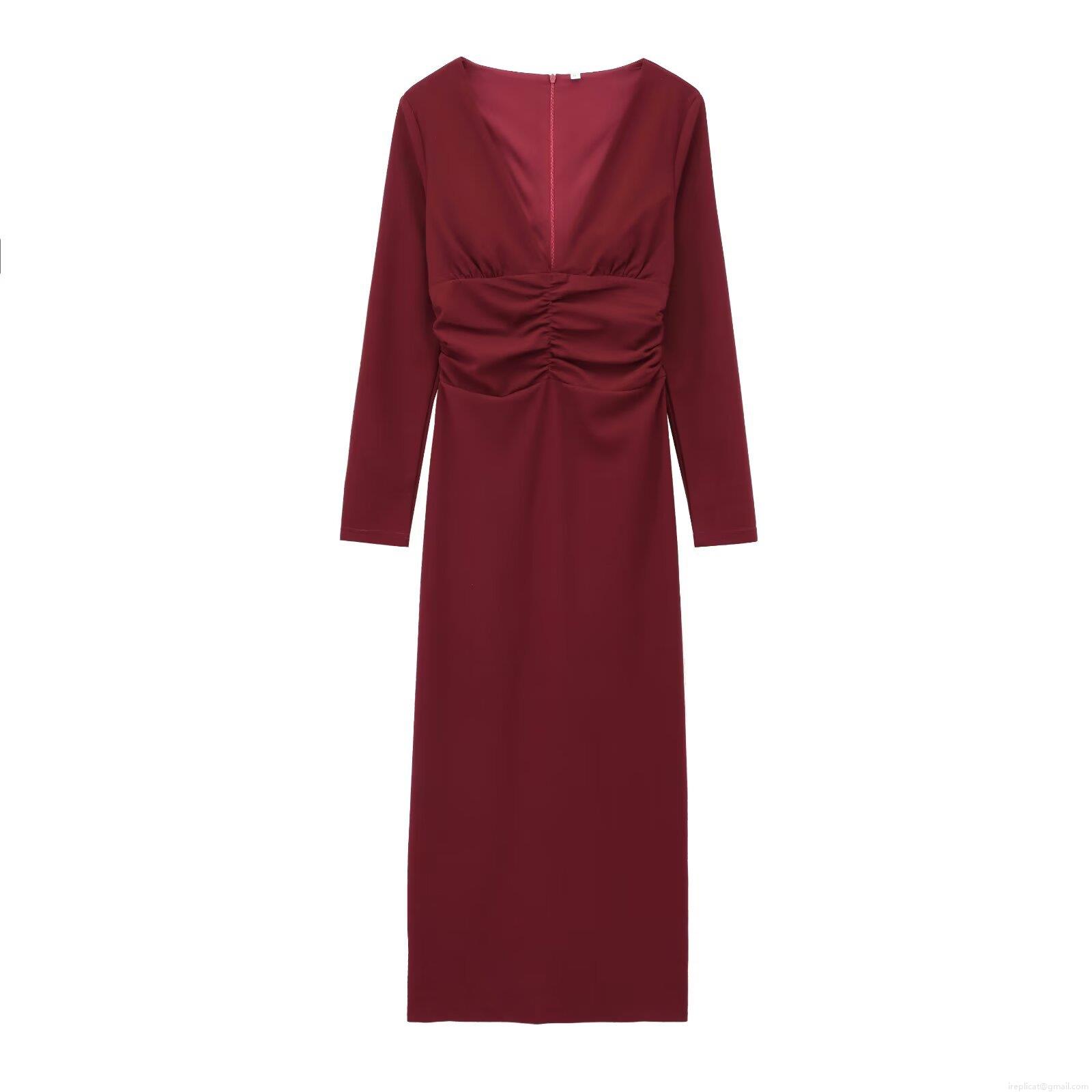 Women's Elegant Burgundy V-Neck Ruched Long Sleeve Midi Dress Slim Fit Back Slit Polyester Party Evening Bodycon Dress Women's Elegant Burgundy V-Neck Ruched Long Sleeve Midi Dress Slim Fit Back Slit Polyester Party Evening Bodycon Dress