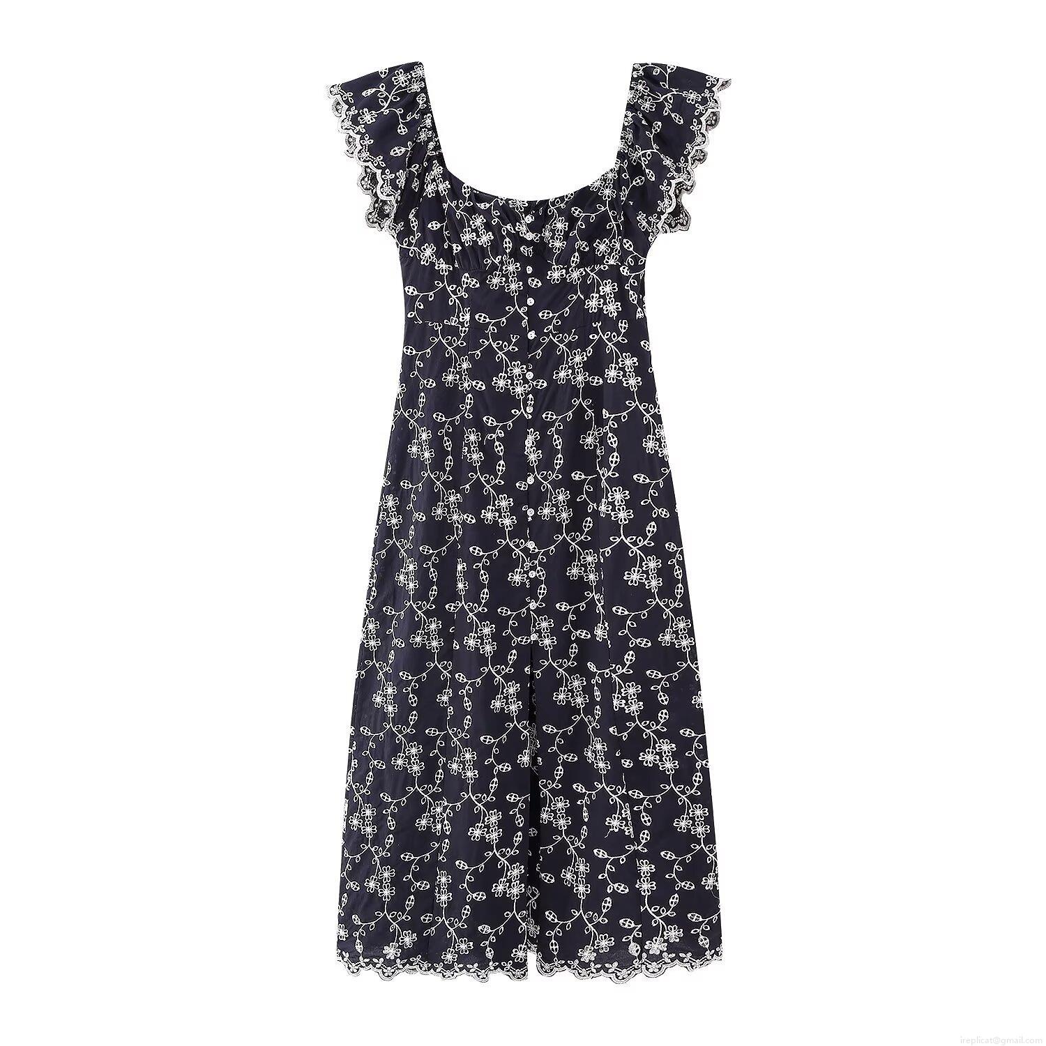 Women's French Vintage Navy Blue Floral Embroidery Maxi Dress Square Neck Sleeveless Ruffle Button Down Scalloped Hem Elegant Summer Vacation Party Dress