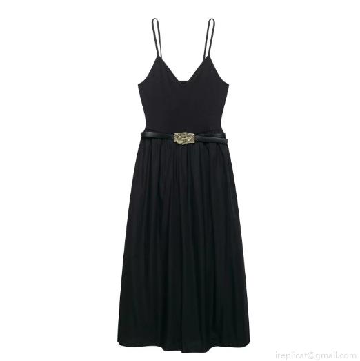Elegant V Neck Camisole Midi Dress With Decorative Metal Buckle Belt Women Sexy Solid Color Sleeveless Polyester Party Evening Dress For Wedding Dating Elegant V Neck Camisole Midi Dress With Decorative Metal Buckle Belt Women Sexy Solid Color Sleeveless Polyester Party Evening Dress For Wedding Dating