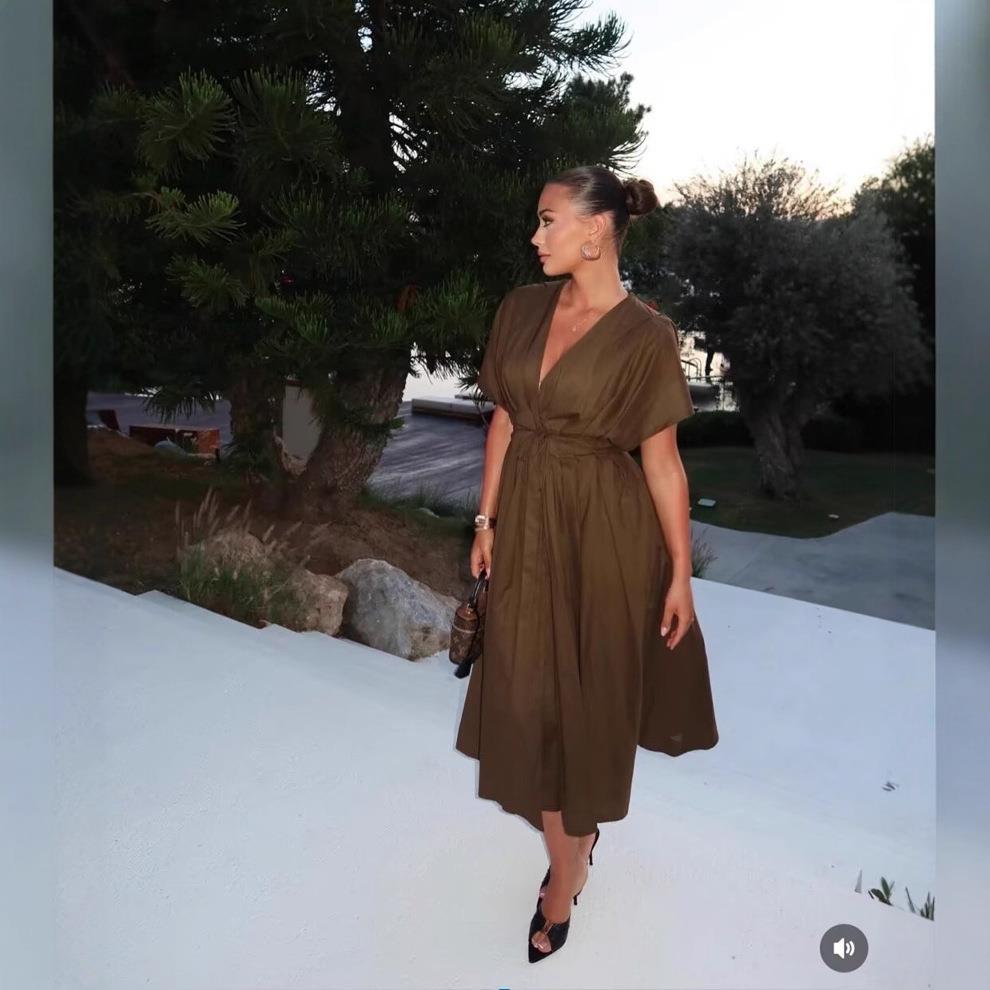 Women's V Neck Short Sleeve Midi Dress Elegant Solid Color Tie Waist Pleated A-Line Vacation Party Dress For Women Casual Summer Clothing Women's V Neck Short Sleeve Midi Dress Elegant Solid Color Tie Waist Pleated A-Line Vacation Party Dress For Women Casual Summer Clothing