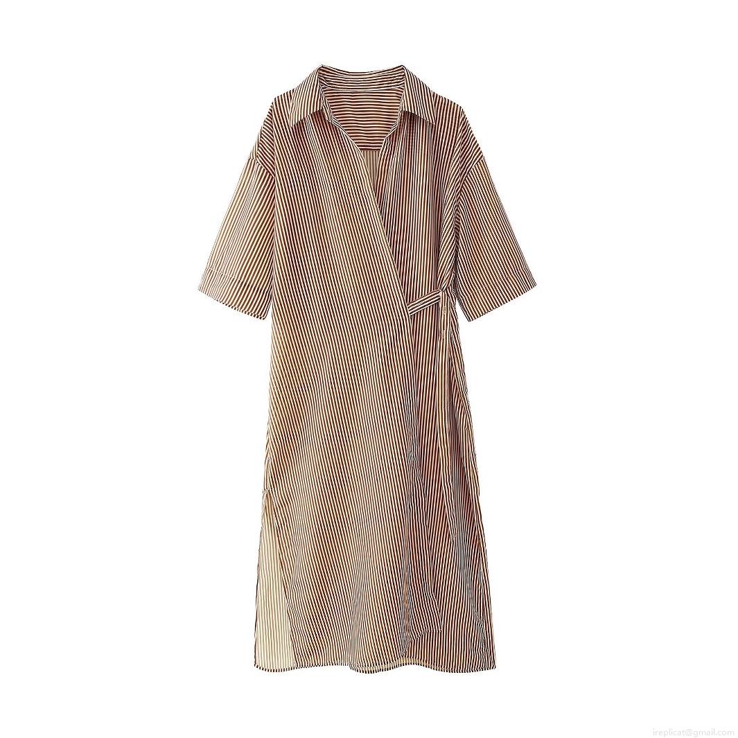 Women's Stripe Shirt Dress 100% Polyester Wrap V-Neck Short Sleeve Tie Waist Side Slit Midi Casual Elegant Dress for Women