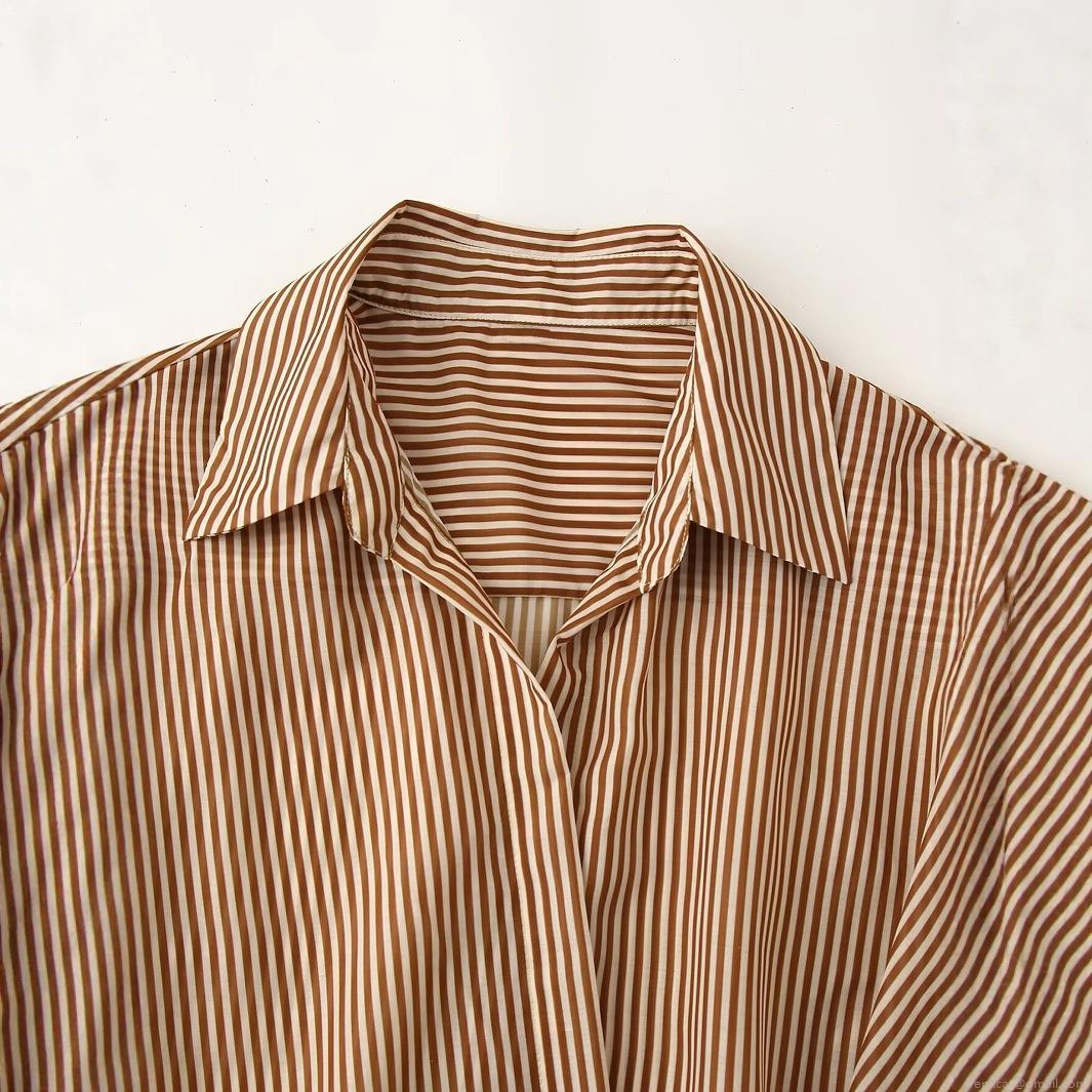 Women\'s Stripe Shirt Dress 100% Polyester Wrap V-Neck Short Sleeve Tie Waist Side Slit Midi Casual Elegant Dress for Women