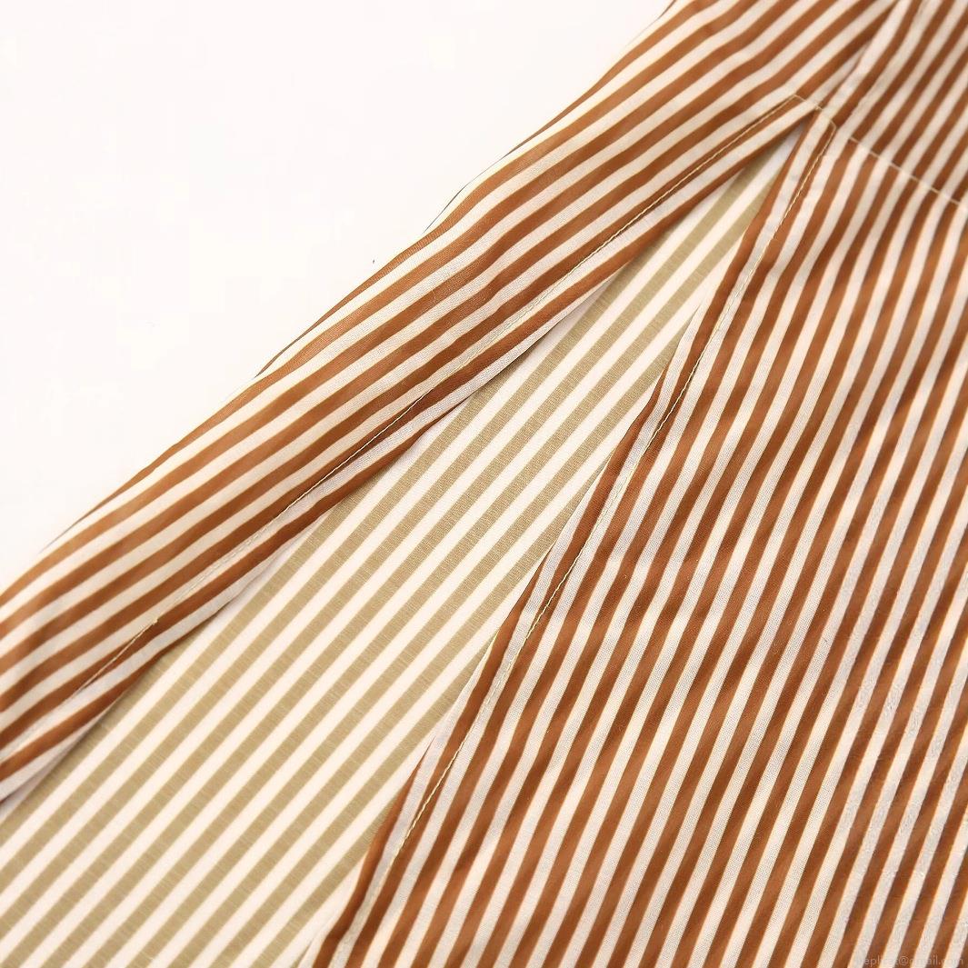 Women\'s Stripe Shirt Dress 100% Polyester Wrap V-Neck Short Sleeve Tie Waist Side Slit Midi Casual Elegant Dress for Women