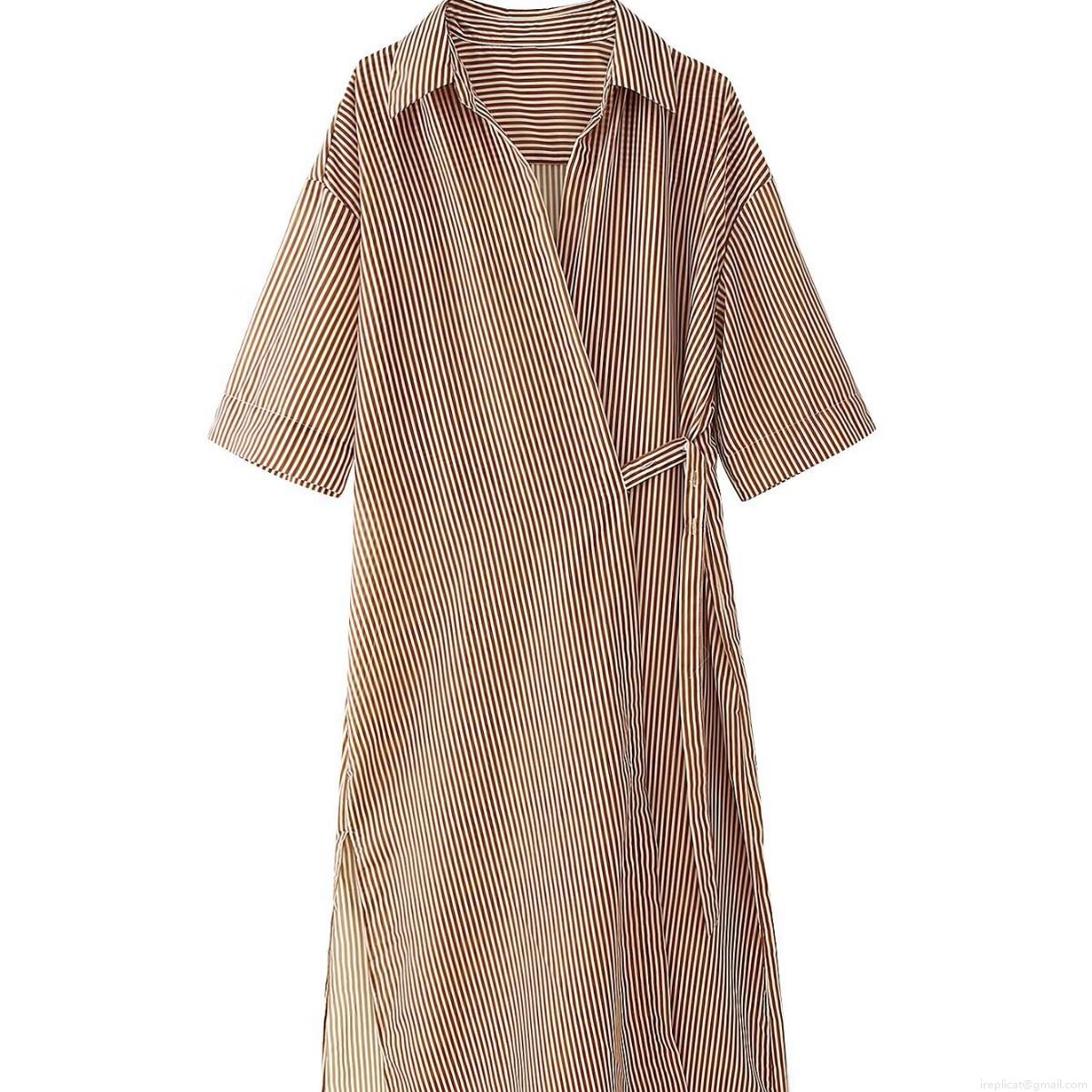 Women\'s Stripe Shirt Dress 100% Polyester Wrap V-Neck Short Sleeve Tie Waist Side Slit Midi Casual Elegant Dress for Women