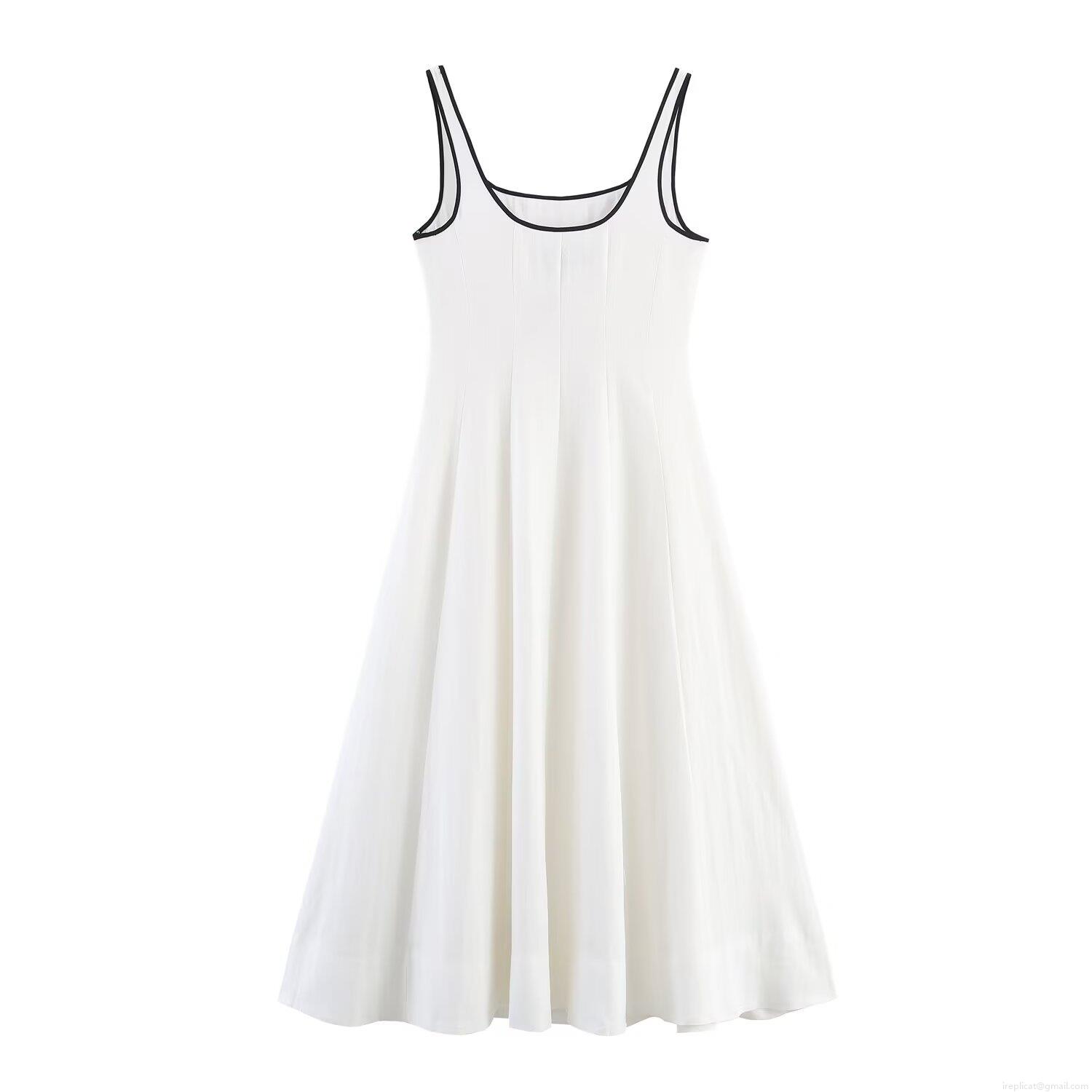 Women's Elegant Contrast Trim Midi Dress Linen Blend Sleeveless Cami A-Line Socialite Style Summer Party Dress For Women White Black Women's Elegant Contrast Trim Midi Dress Linen Blend Sleeveless Cami A-Line Socialite Style Summer Party Dress For Women White Black
