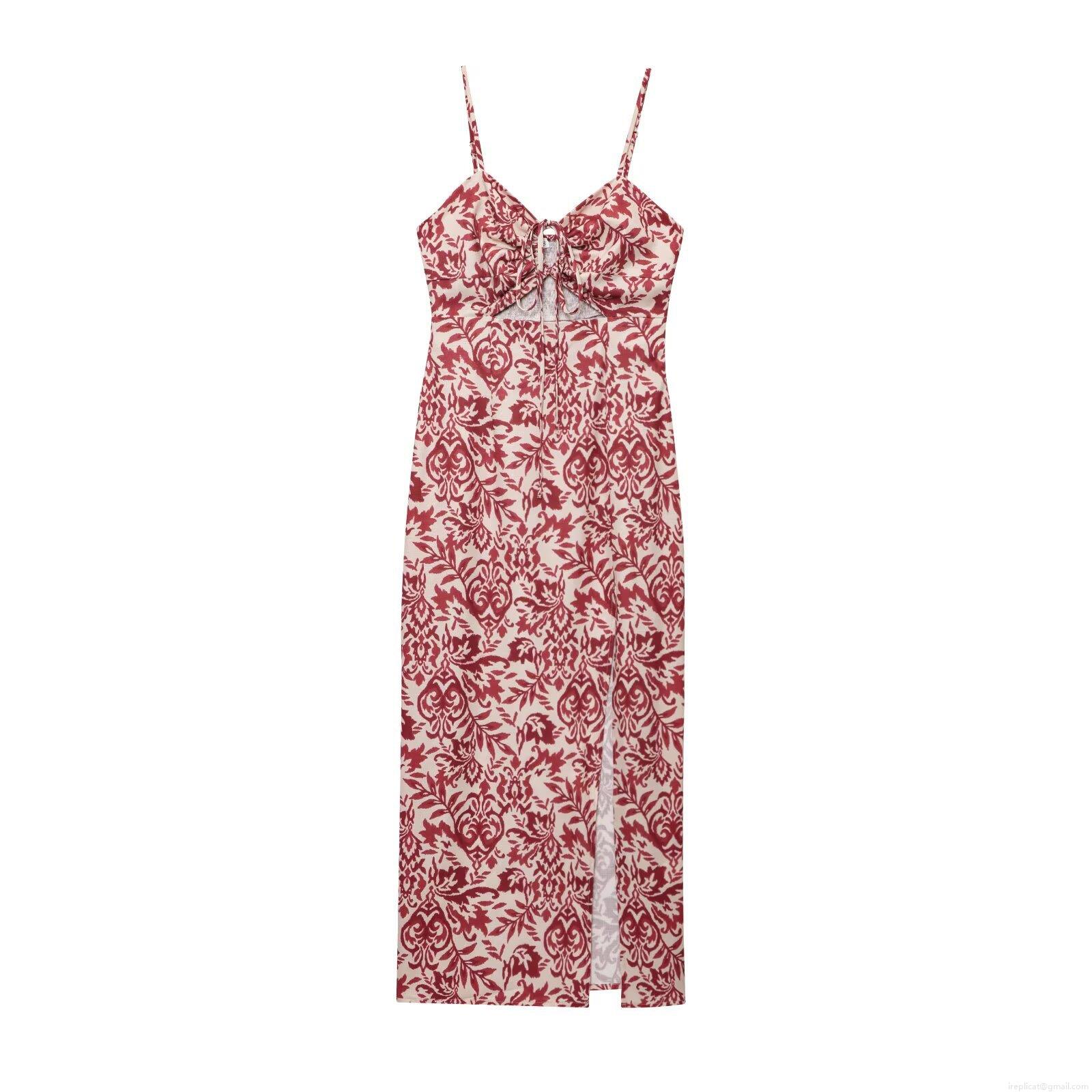 Women's Midi Dress Linen Cotton Print Spaghetti Strap V Neck Hollow Tie High Slit Back Smocking Backless Vacation Bohemian Dress For Women Women's Midi Dress Linen Cotton Print Spaghetti Strap V Neck Hollow Tie High Slit Back Smocking Backless Vacation Bohemian Dress For Women