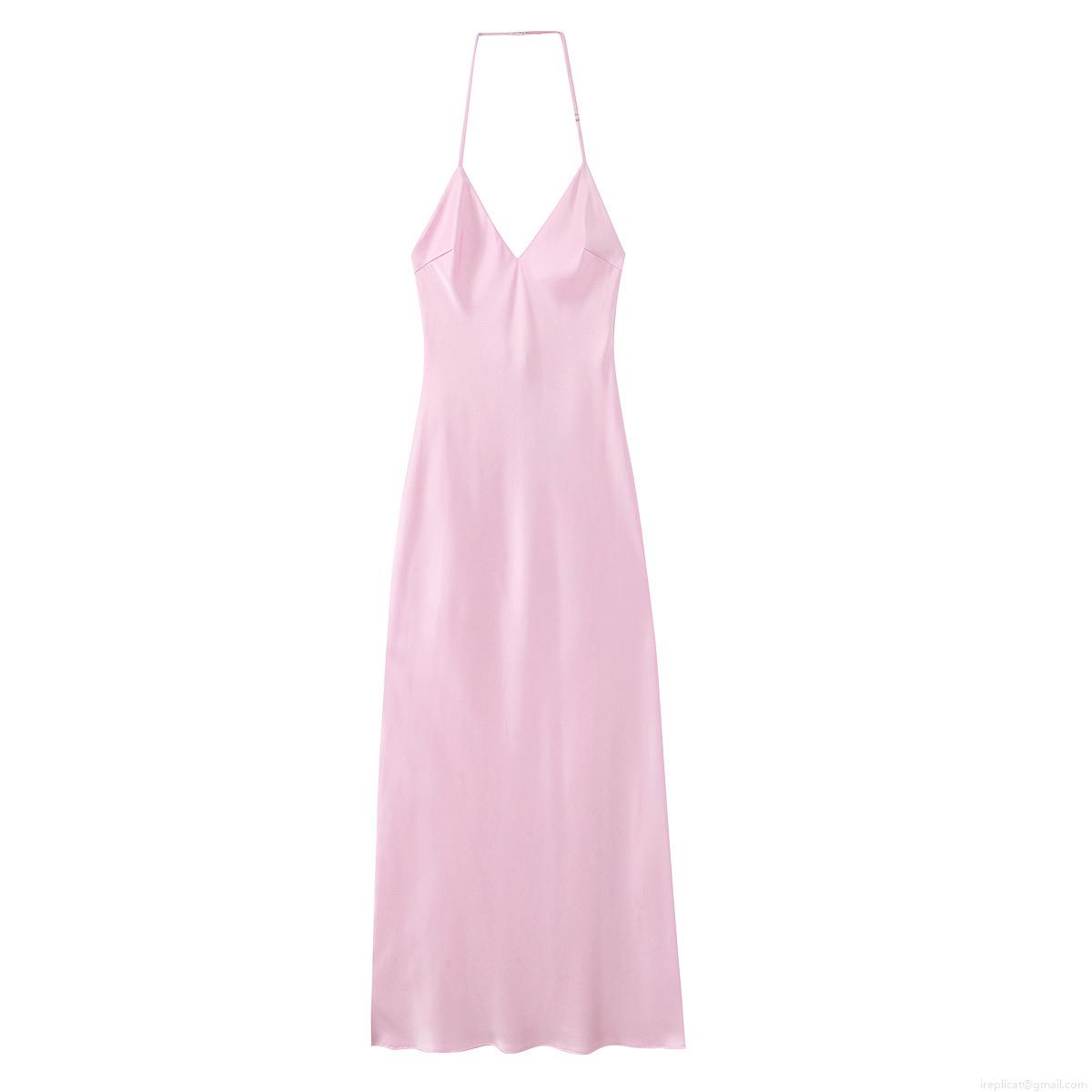 Women's Elegant Pink Satin Halter Midi Dress Sexy V-Neck Backless Sleeveless Solid Color Evening Party Gown Socialite Style Dress Women's Elegant Pink Satin Halter Midi Dress Sexy V-Neck Backless Sleeveless Solid Color Evening Party Gown Socialite Style Dress