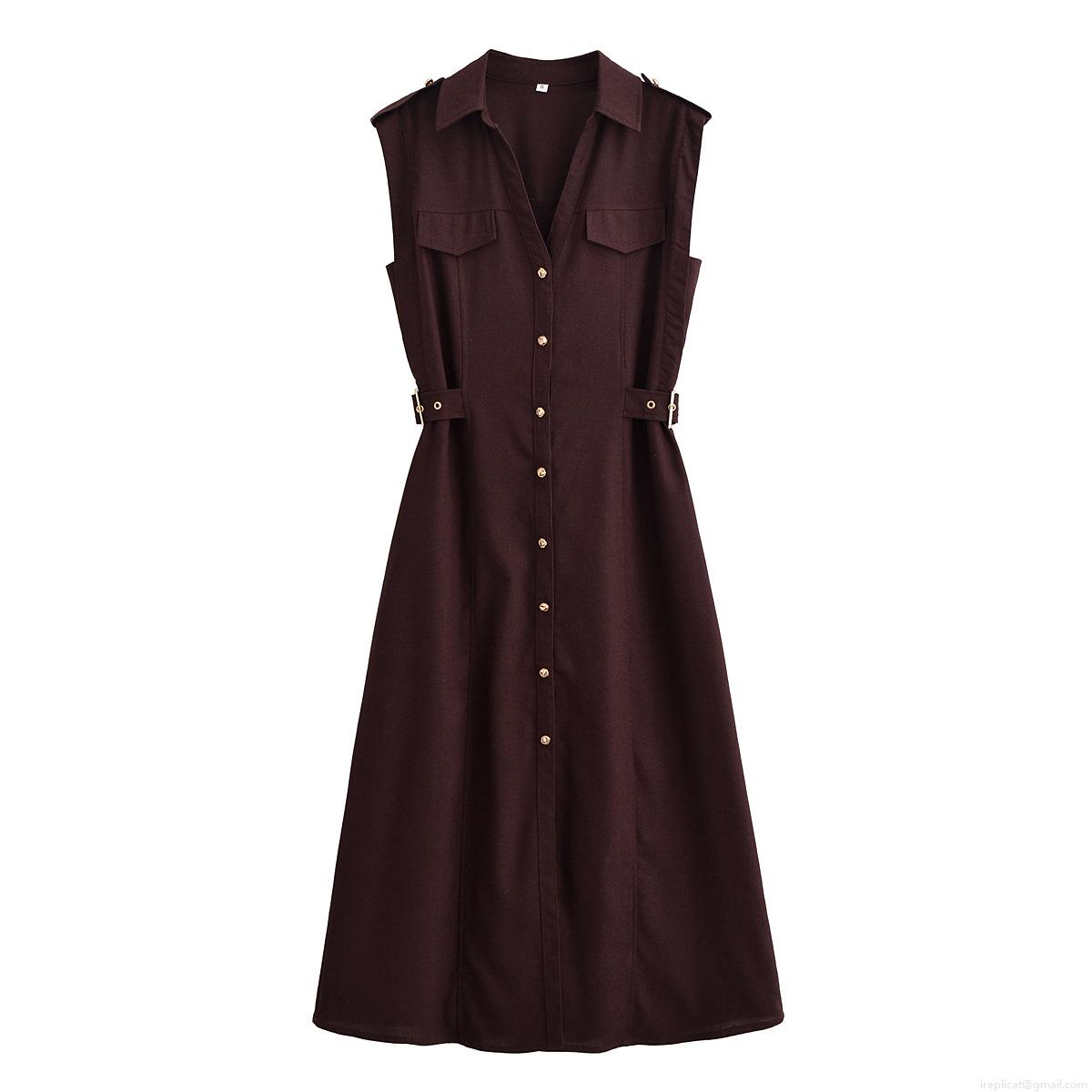 Women Sleeveless Midi Dress 100% Polyester Cargo Style Button Down V Neck Elegant A-Line Long Dress For Casual Daily Party Wear Women Sleeveless Midi Dress 100% Polyester Cargo Style Button Down V Neck Elegant A-Line Long Dress For Casual Daily Party Wear