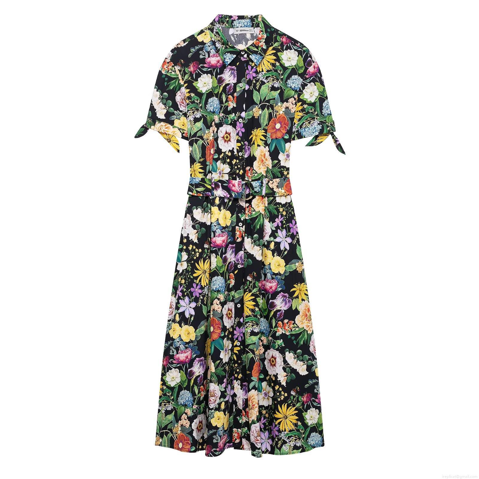 Women's Floral Print Short Sleeve Shirt Dress Elegant 100% Polyester Woven Midi Dress With Belt For Casual Vacation Ladies Vintage Style Multi-Color Flower Pattern Button Down A-Line Dress Women's Floral Print Short Sleeve Shirt Dress Elegant 100% Polyester Woven Midi Dress With Belt For Casual Vacation Ladies Vintage Style Multi-Color Flower Pattern Button Down A-Line Dress