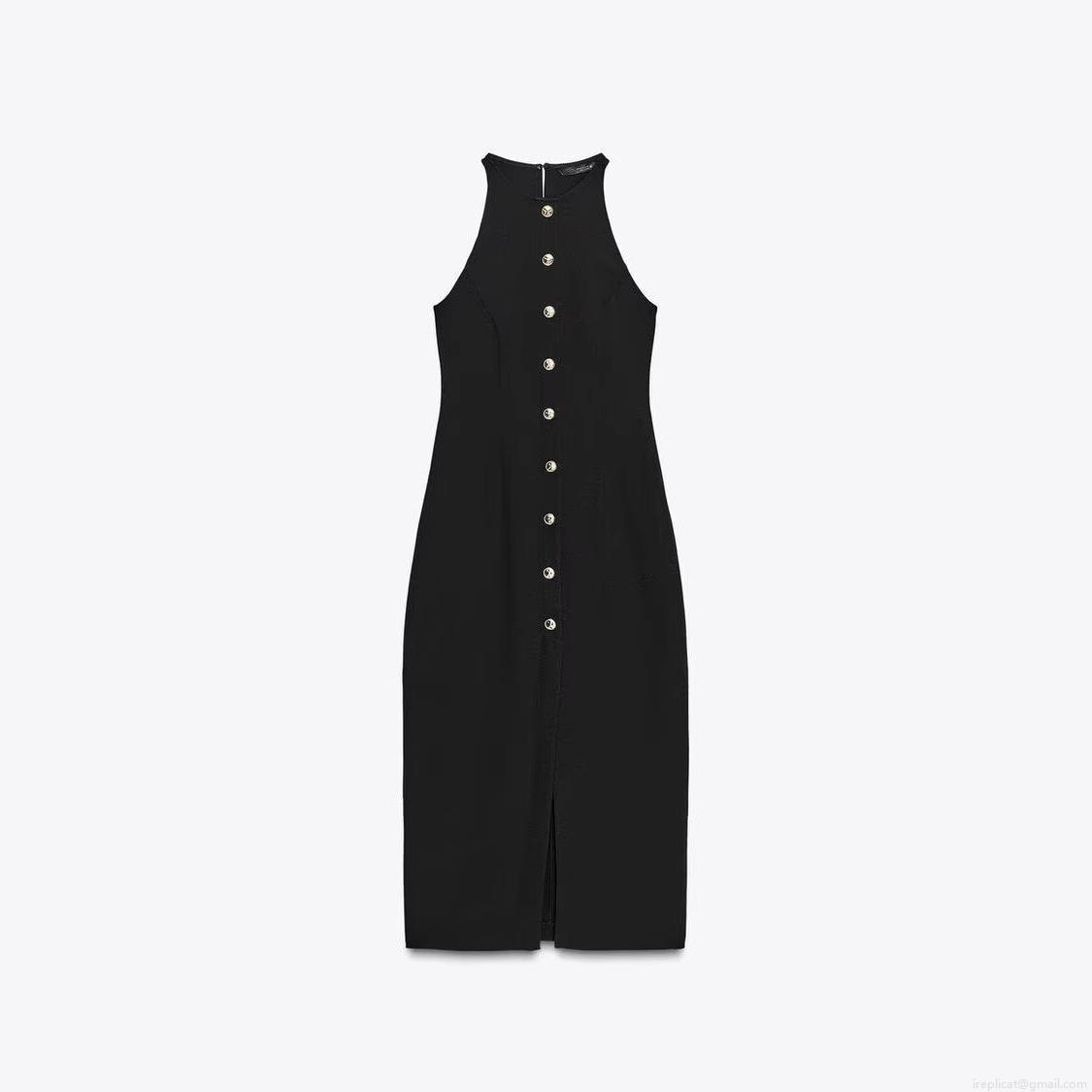 Women's Elegant Black Halter Midi Dress With Single Breasted Gold Buttons Front Slit Sexy Slim Fit Sleeveless Bodycon Dress For Evening Party Socialite Women's Elegant Black Halter Midi Dress With Single Breasted Gold Buttons Front Slit Sexy Slim Fit Sleeveless Bodycon Dress For Evening Party Socialite
