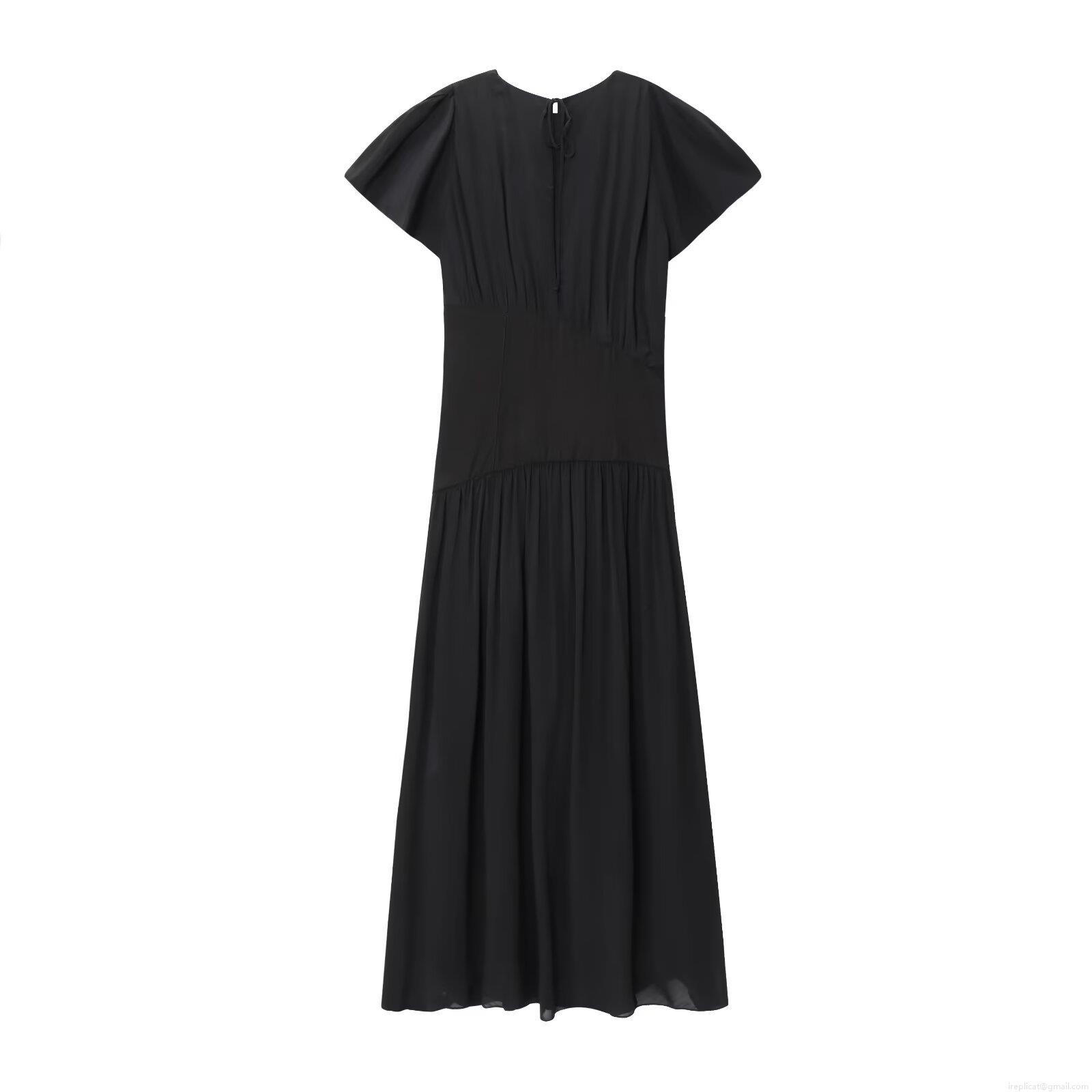 Women\'s Elegant Black Short Sleeve Midi Dress Round Neck Pleated Patchwork Socialite Style Belted Dress for Party Cocktail Office Lady