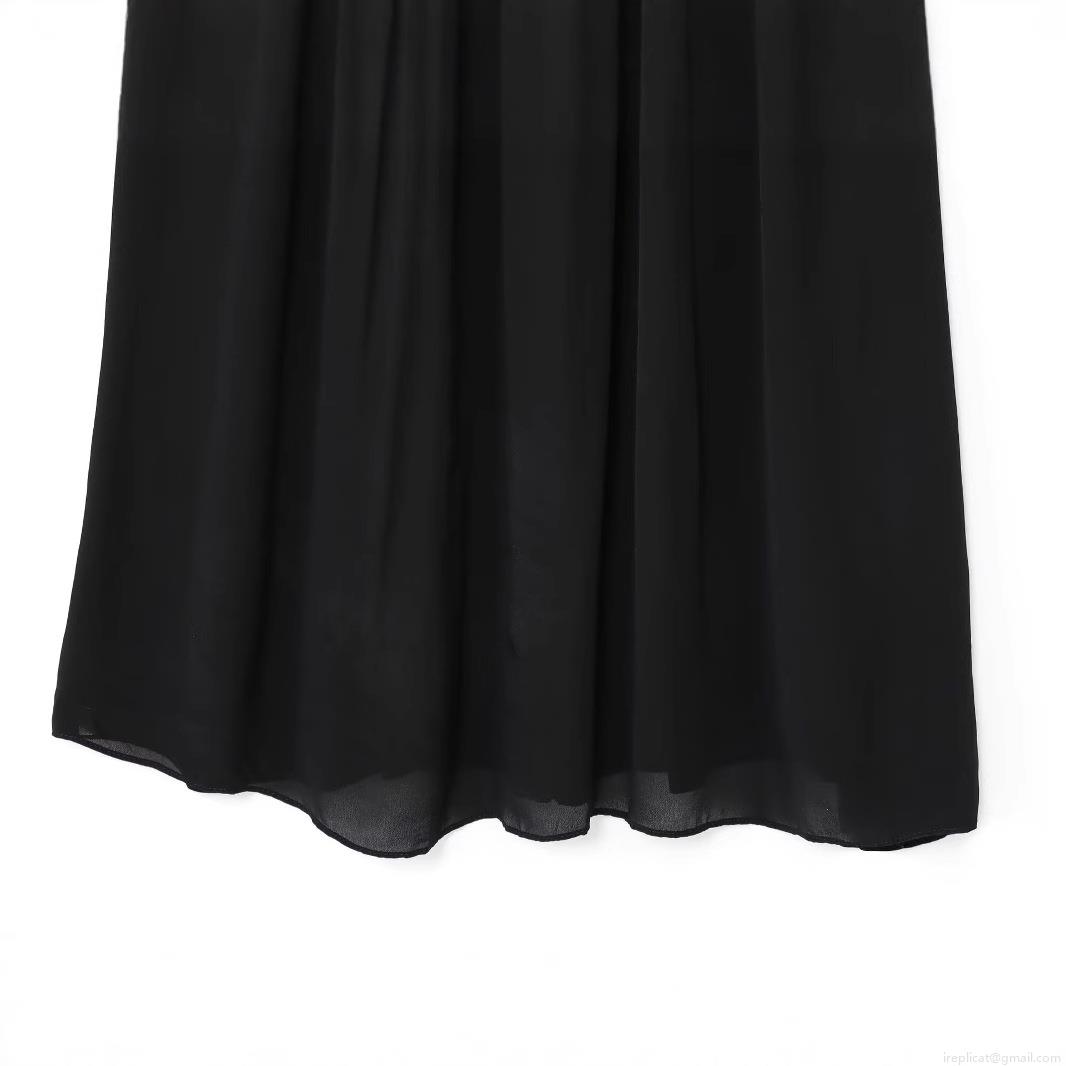 Women\'s Elegant Black Short Sleeve Midi Dress Round Neck Pleated Patchwork Socialite Style Belted Dress for Party Cocktail Office Lady