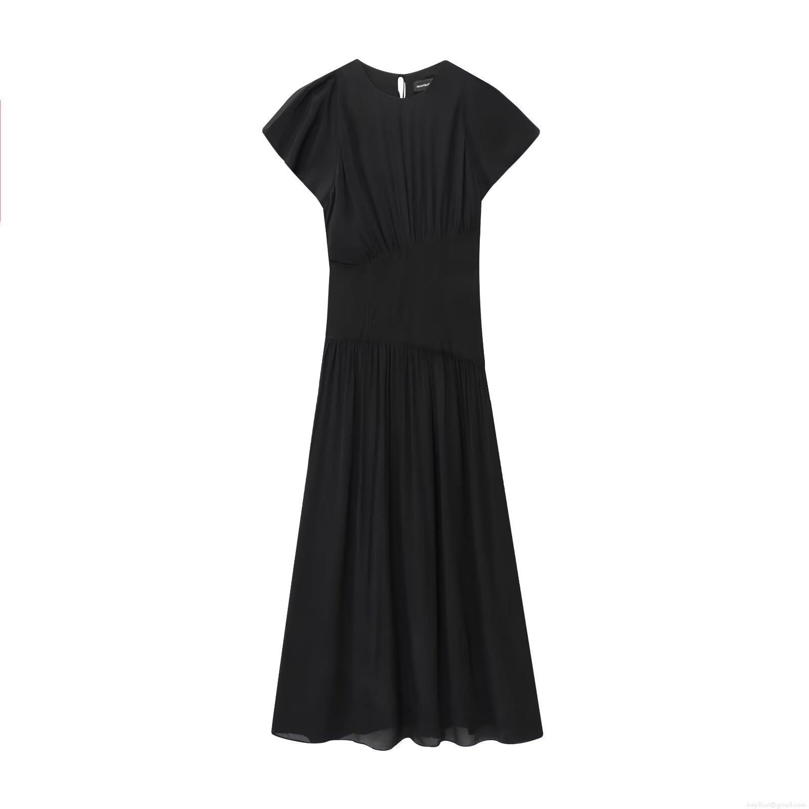 Women\'s Elegant Black Short Sleeve Midi Dress Round Neck Pleated Patchwork Socialite Style Belted Dress for Party Cocktail Office Lady