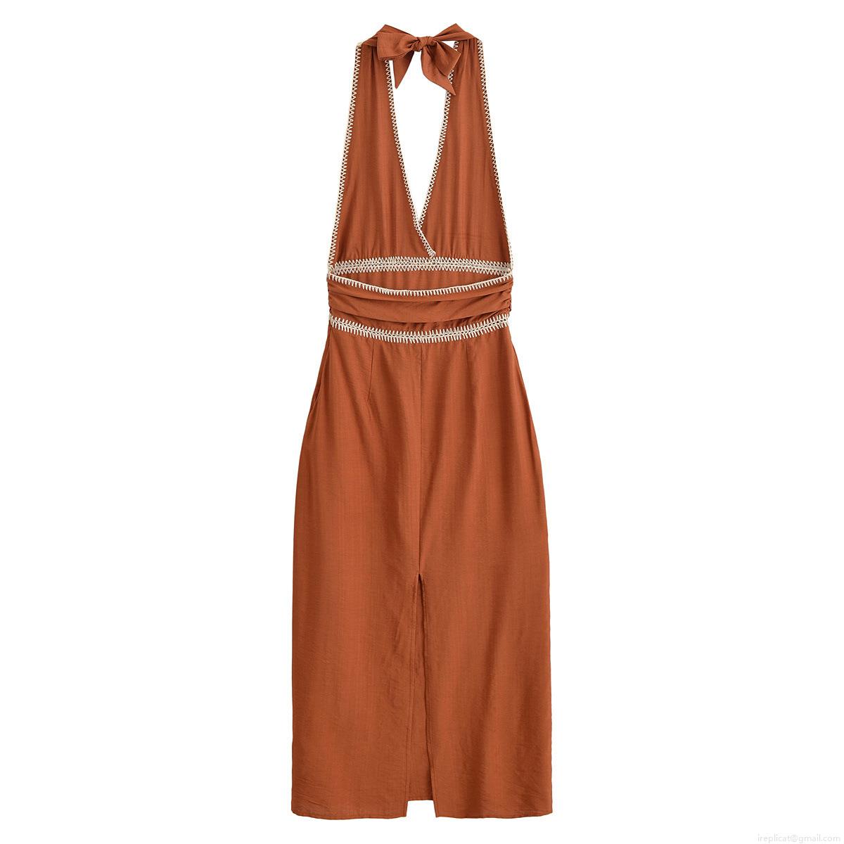 Women Bohemian Halter Backless Embroidery Midi Dress Elegant V-Neck Sleeveless Caramel Polyester Long Dress For Vacation Party