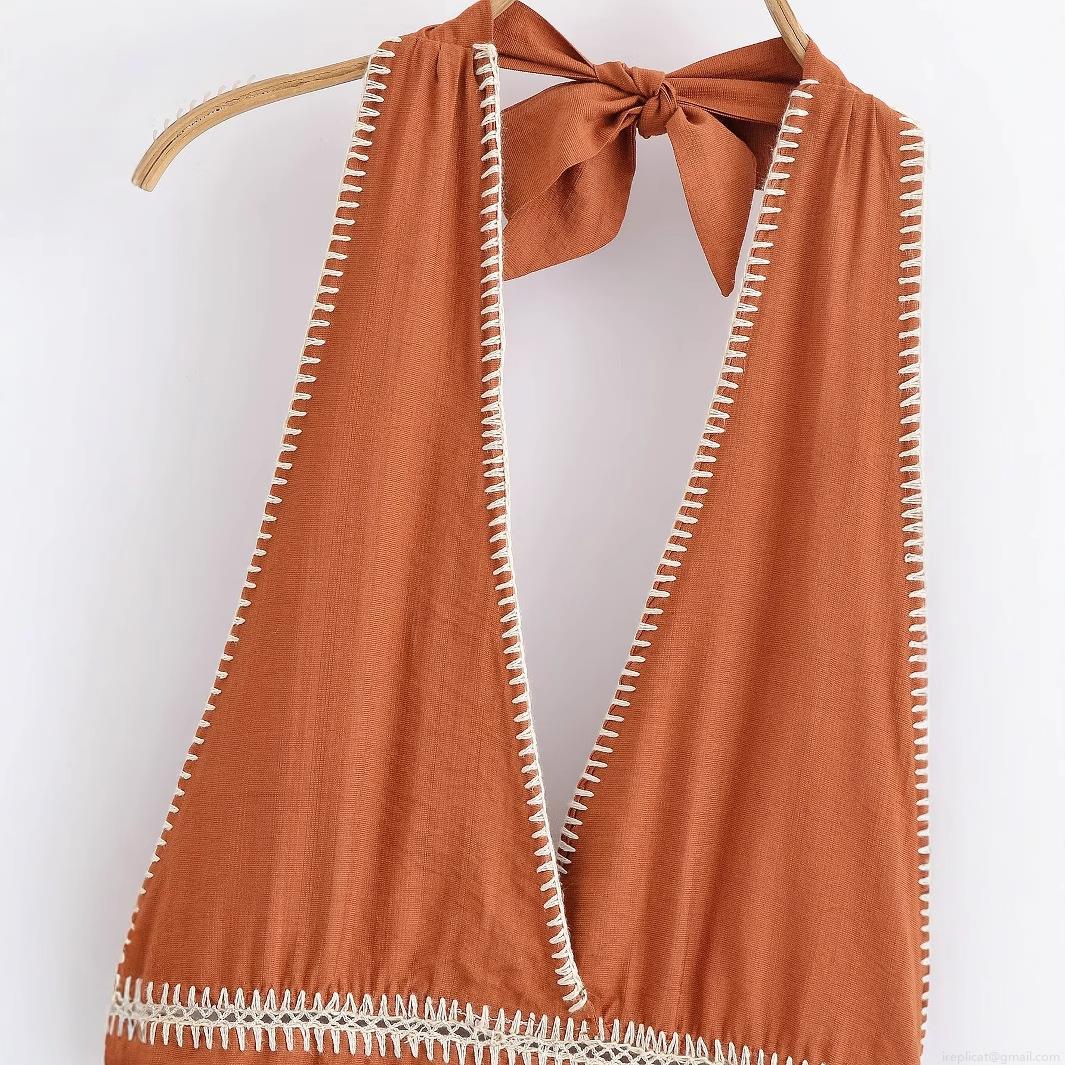 Women Bohemian Halter Backless Embroidery Midi Dress Elegant V-Neck Sleeveless Caramel Polyester Long Dress For Vacation Party