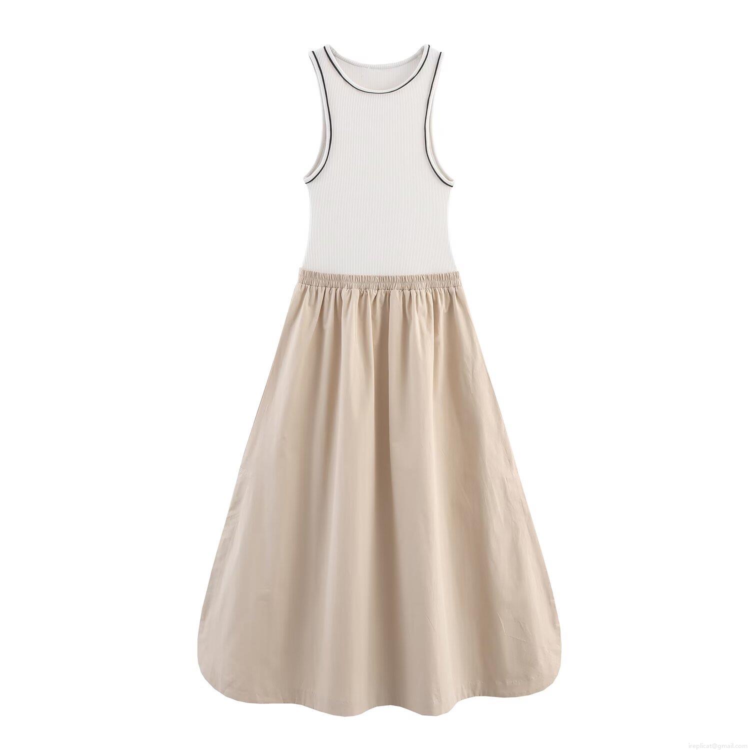 Women's Elegant Patchwork Midi Dress Ribbed Knit Vest Stitching Woven Long Skirt Sleeveless Round Neck Boho Style Contrast Binding Summer Dress Women Women's Elegant Patchwork Midi Dress Ribbed Knit Vest Stitching Woven Long Skirt Sleeveless Round Neck Boho Style Contrast Binding Summer Dress Women