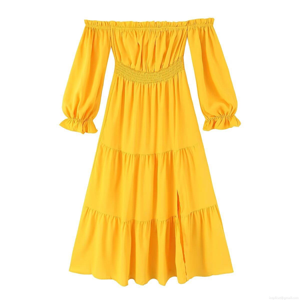 Women's Off-Shoulder Long Sleeve Tiered Midi Dress Yellow Polyester Smocked Waist Ruffle Party Dress For Women Elegant Sexy Slit Evening Dresses Women's Off-Shoulder Long Sleeve Tiered Midi Dress Yellow Polyester Smocked Waist Ruffle Party Dress For Women Elegant Sexy Slit Evening Dresses