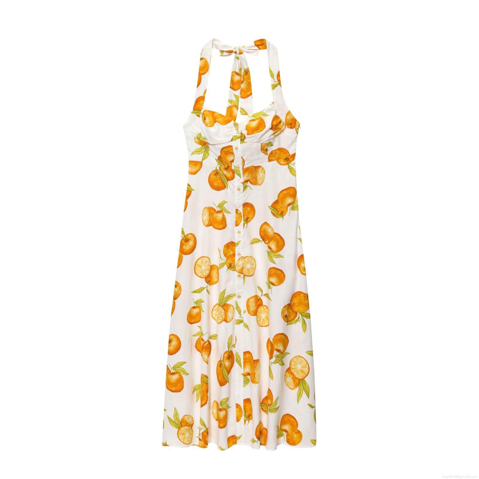 Women's Halter Neck Midi Dress Summer Orange Citrus Fruit Print Sleeveless Backless Boho Vacation Beach Party Dresses With Button Detail Women's Halter Neck Midi Dress Summer Orange Citrus Fruit Print Sleeveless Backless Boho Vacation Beach Party Dresses With Button Detail