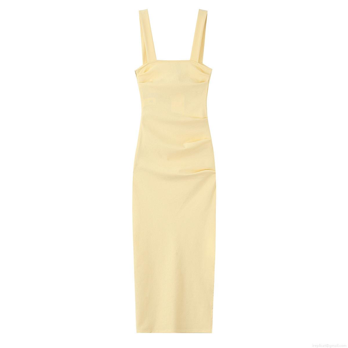 Women Elegant Square Neck Midi Dress Elastic Polyester Sleeveless Bodycon Fit Party Cocktail Evening Clubwear Solid Color Pleated Gathered Sexy Slimming Summer Sundress