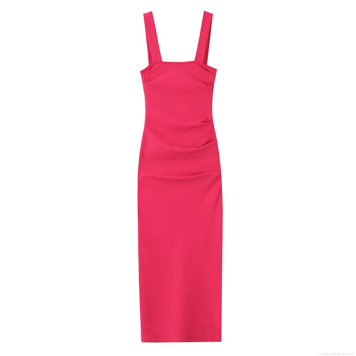 Women Elegant Square Neck Midi Dress Elastic Polyester Sleeveless Bodycon Fit Party Cocktail Evening Clubwear Solid Color Pleated Gathered Sexy Slimming Summer Sundress