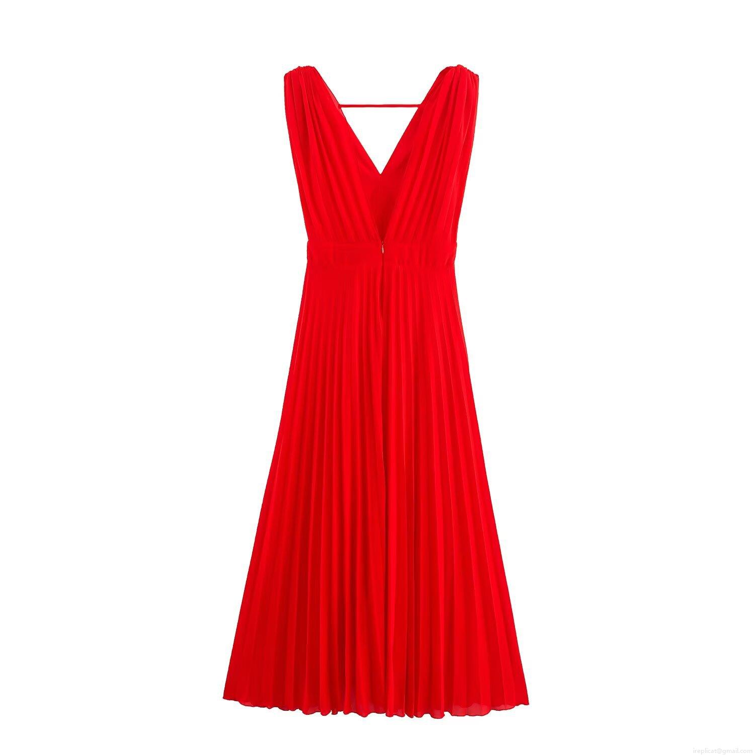 Women Elegant Red V-Neck Sleeveless Pleated Midi Dress Sophisticated Polyester Chiffon Back Zipper High Waist Flowy Party Event Dress